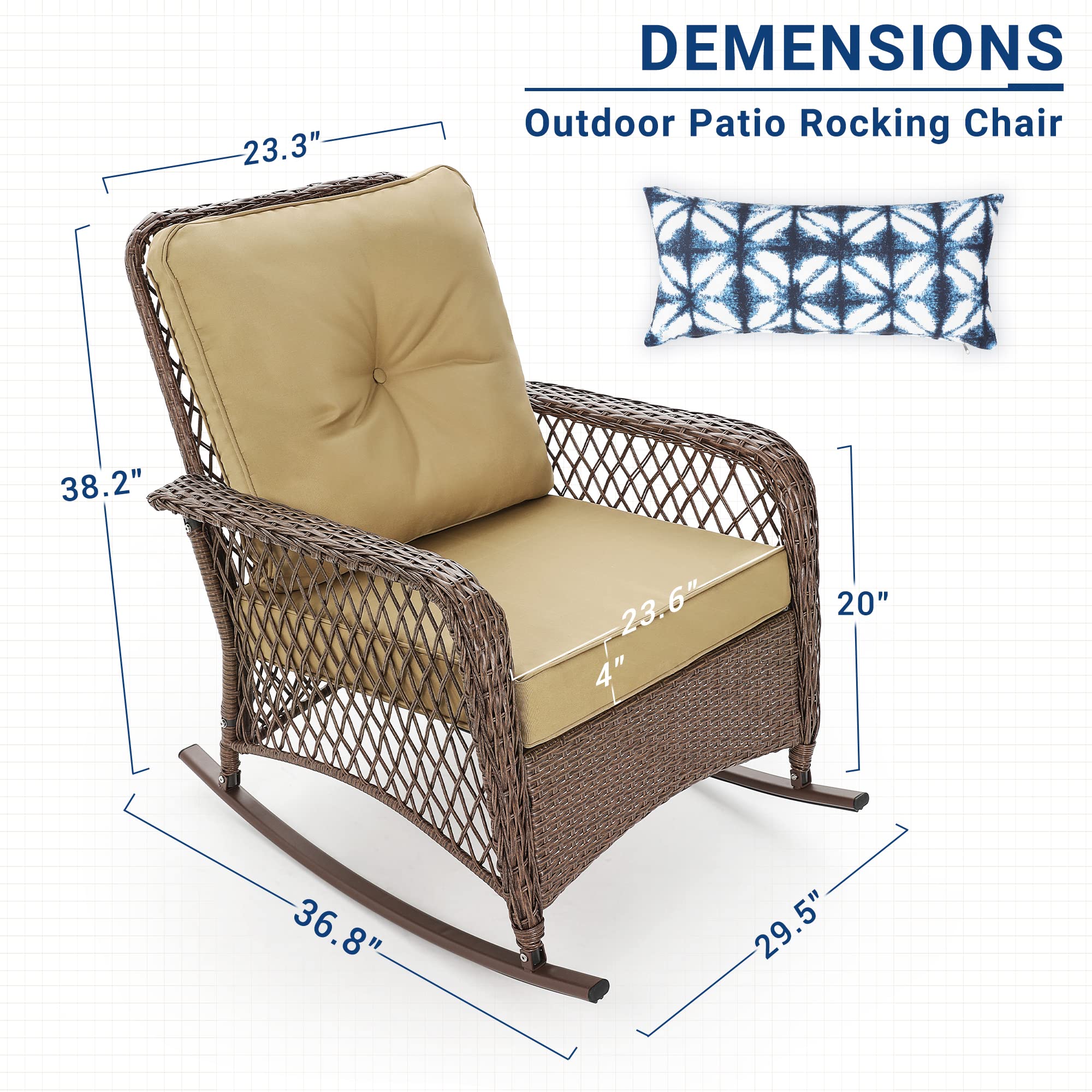 UDPATIO 3-Piece Wicker Patio Rocking Chair Set with Thick Cushions - 2 Outdoor Rockers & Side Table - Brown/Khaki - Perfect for Backyard, Porch, Balcony, Poolside Relaxation & Entertaining