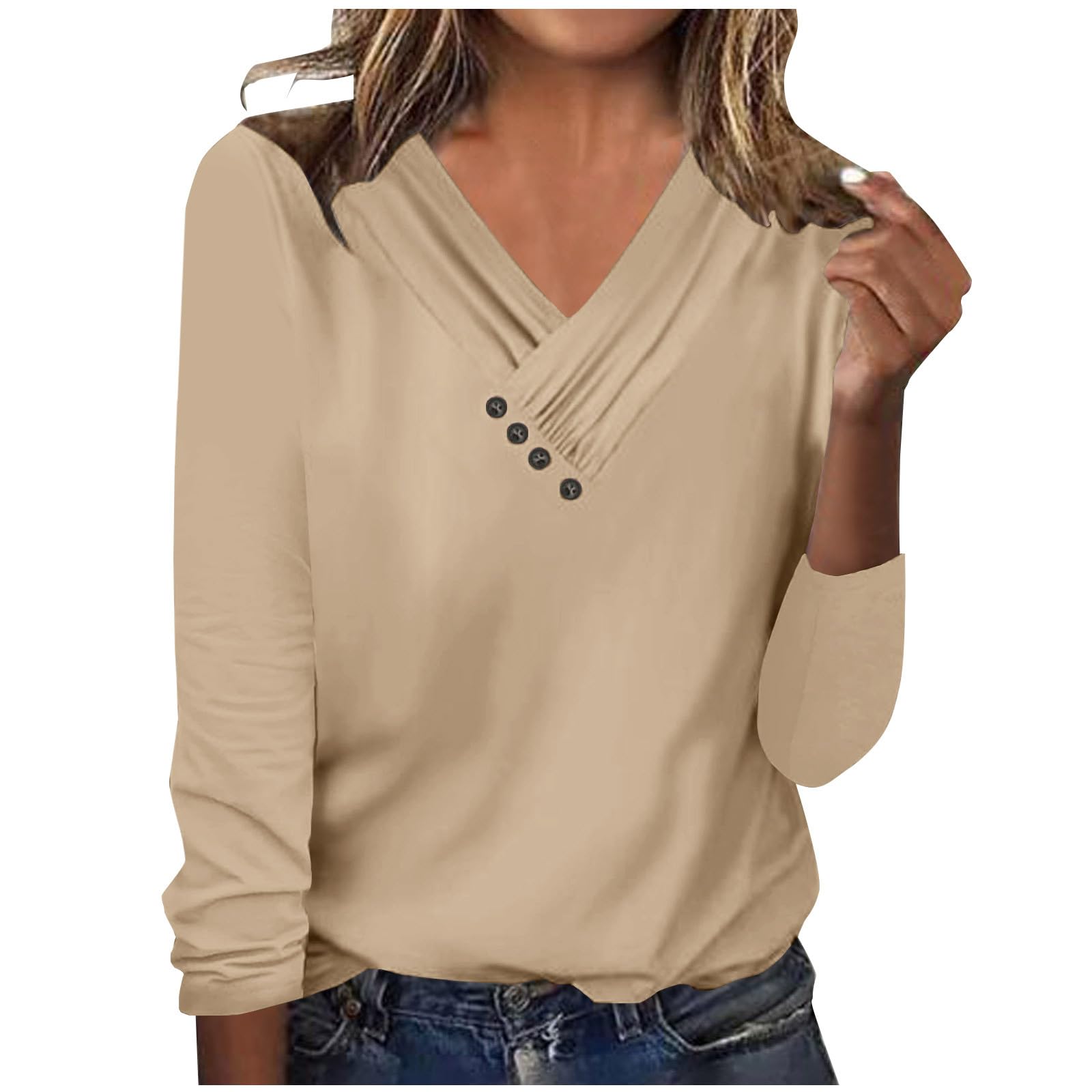Women's Long Sleeve V-Neck Button Down Shirts - Fall Casual Solid Color Tops 2024 | Office Wear, Date Night & Everyday Outfits