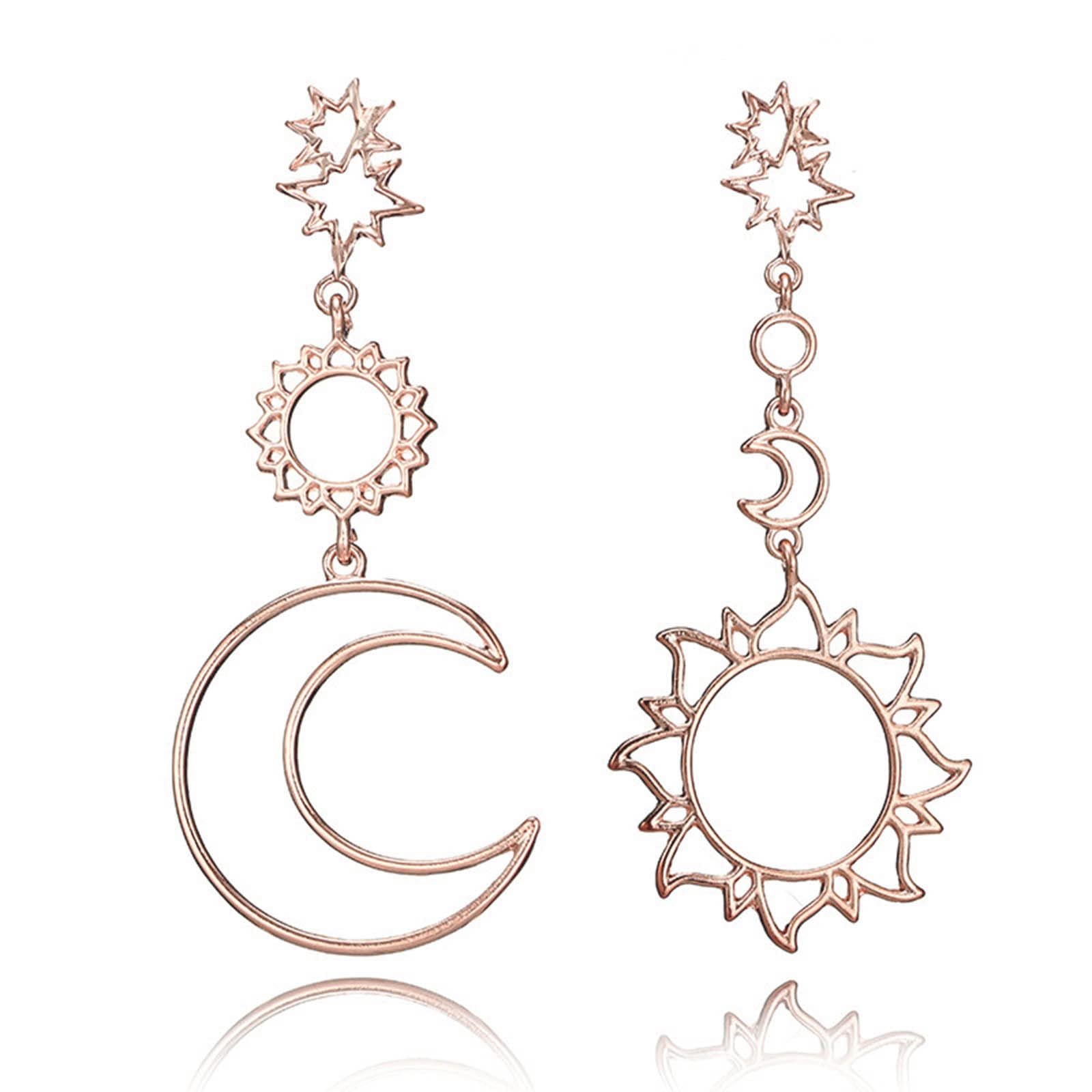 YienDoo Rose Gold Sun and Moon Dangle Earrings - Asymmetrical Crescent Star Stud Hoop Drop Earrings for Women | Perfect for Parties, Weddings, and Everyday Fashion Jewelry Gifts