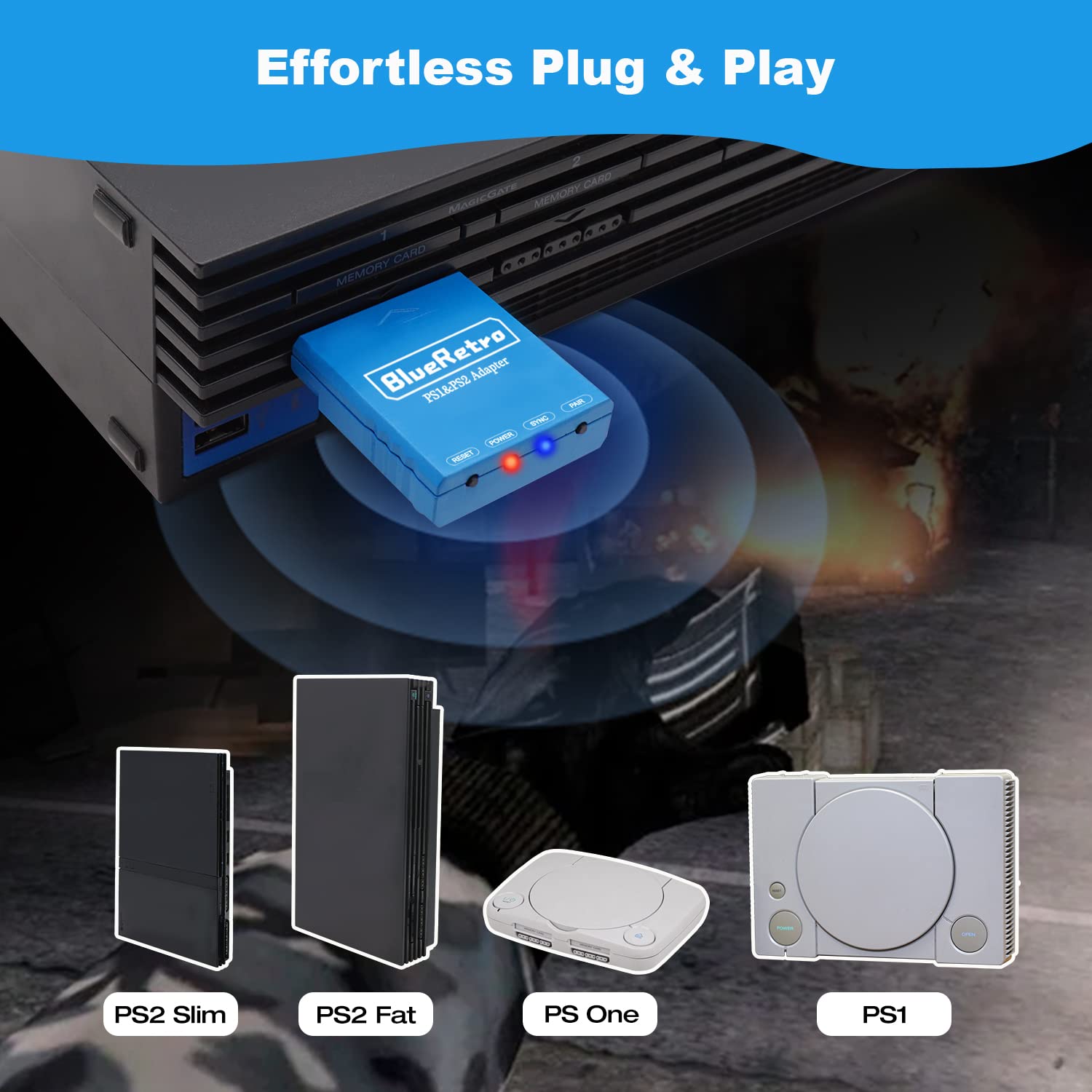 RetroScaler Wireless Controller Adapter for PS2 & PS1 - Compatible with PS3/4/5, Xbox One S/X, Series X/S & Switch Pro Bluetooth Gamepads - Perfect for Retro Gaming & Modern Console Play