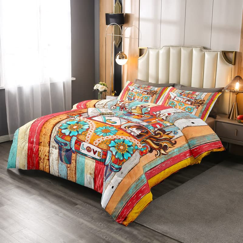 Vibrant Floral Wood Print Twin Size Comforter Set for Teens - 2 Piece Farmhouse Quilted Duvet with Pillowcase - Surfboard & Car Themed Kids Bedding - Perfect for Teen Bedrooms, Dorm Decor & Cozy Farmhouse Style Home Decor