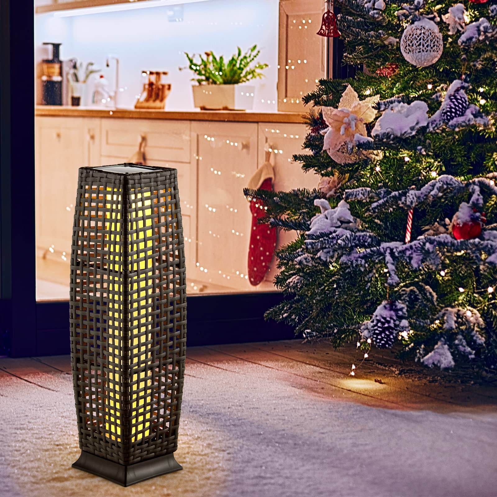 Tangkula 2-Piece Solar Powered Outdoor Floor Lamps - IP65 Waterproof Wicker LED Lanterns with Auto On/Off for Garden, Patio, Porch, Deck & Pathway Lighting (Cross-Mix Brown) | Weather-Resistant Decorative Lighting for Backyard, Poolside & Landscape