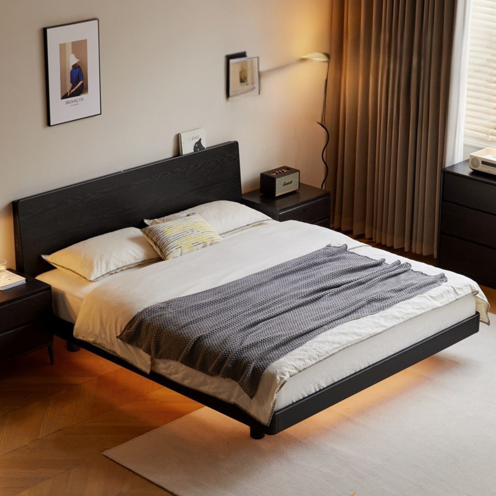 Solid Oak Wood Luminous Floating Bed Frame - Modern Platform Bed with LED Lighting for Bedroom, Guest Room or Dorm