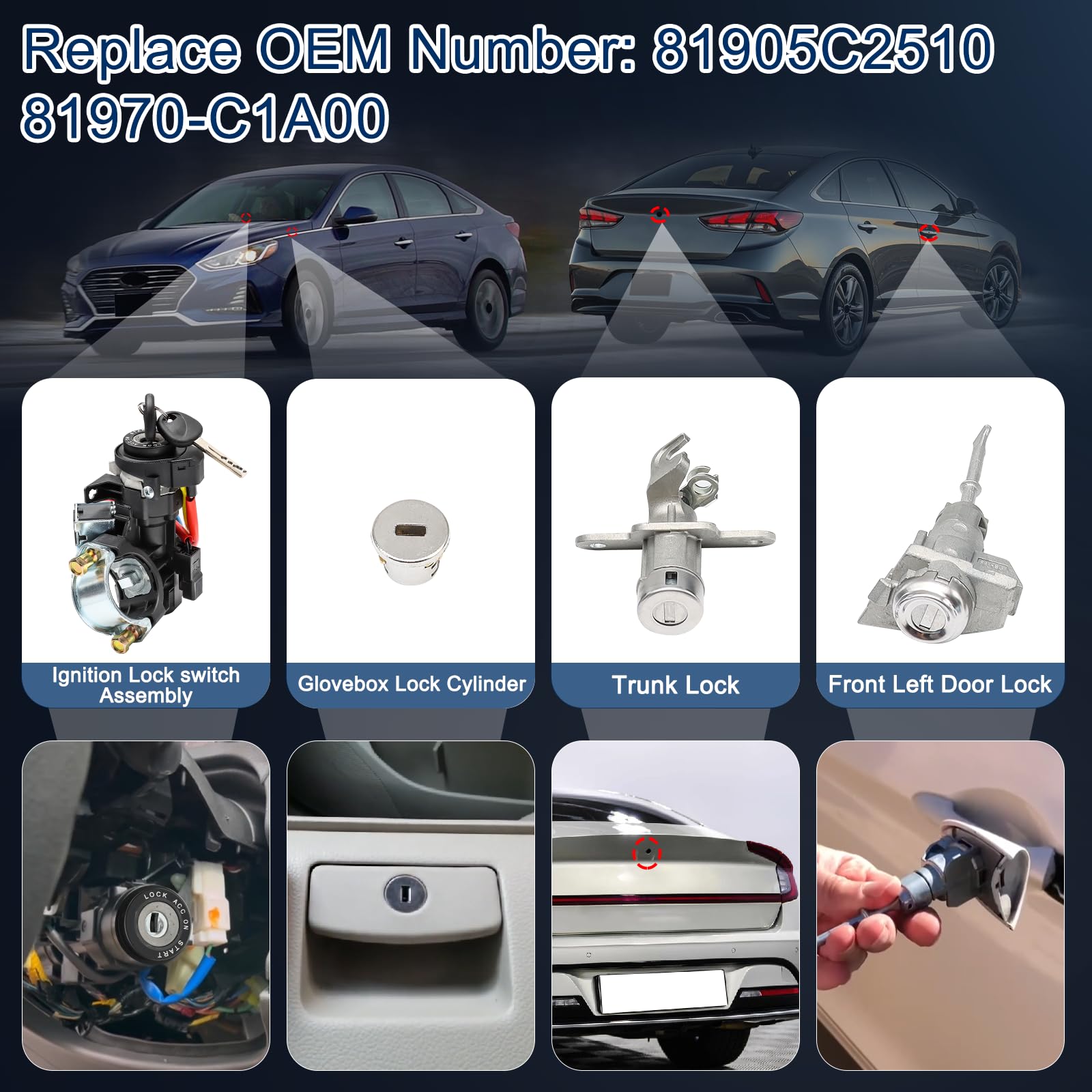 Ignition Lock Switch Assembly 81905-C2510 for 2015-2019 Hyundai Sonata - Complete Ignition Lock Cylinder & Housing Kit with 2 Door Locks, Glovebox Lock & 2 Keys (81970-C1A00) - Perfect for Car Security & Key Replacement