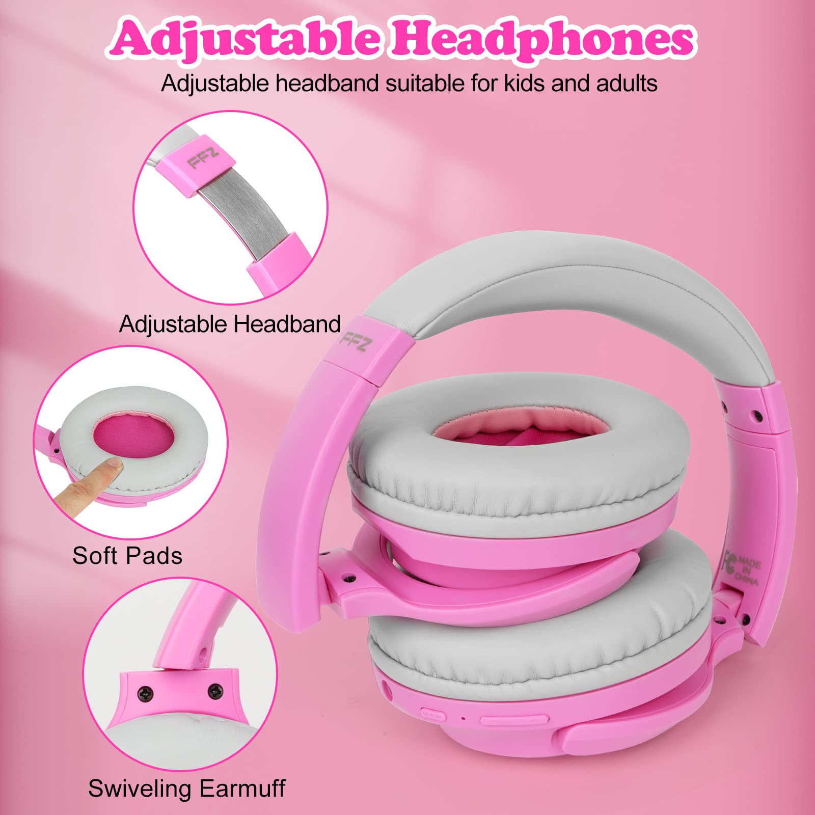 FFZ Kids Wireless Headphones with Volume Limiter - Adjustable Over-Ear Bluetooth 5.3 Headphones with Built-in Mic for Boys & Girls - Safe for School, Travel, iPad, Tablet & PC Use (Pink) - Perfect for Online Learning, Airplane Rides & Home Entertainment