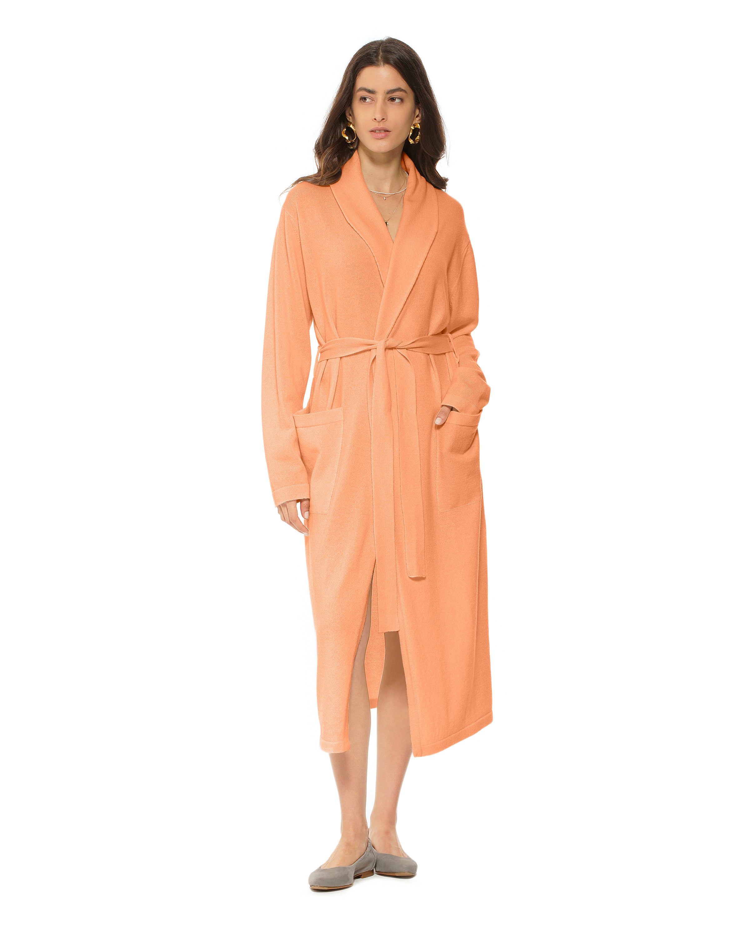 Luxury Women's Pure Cashmere Knit Robe - Soft Milk Orange Color - Cozy Winter Loungewear for Spa, Home & Gift Giving