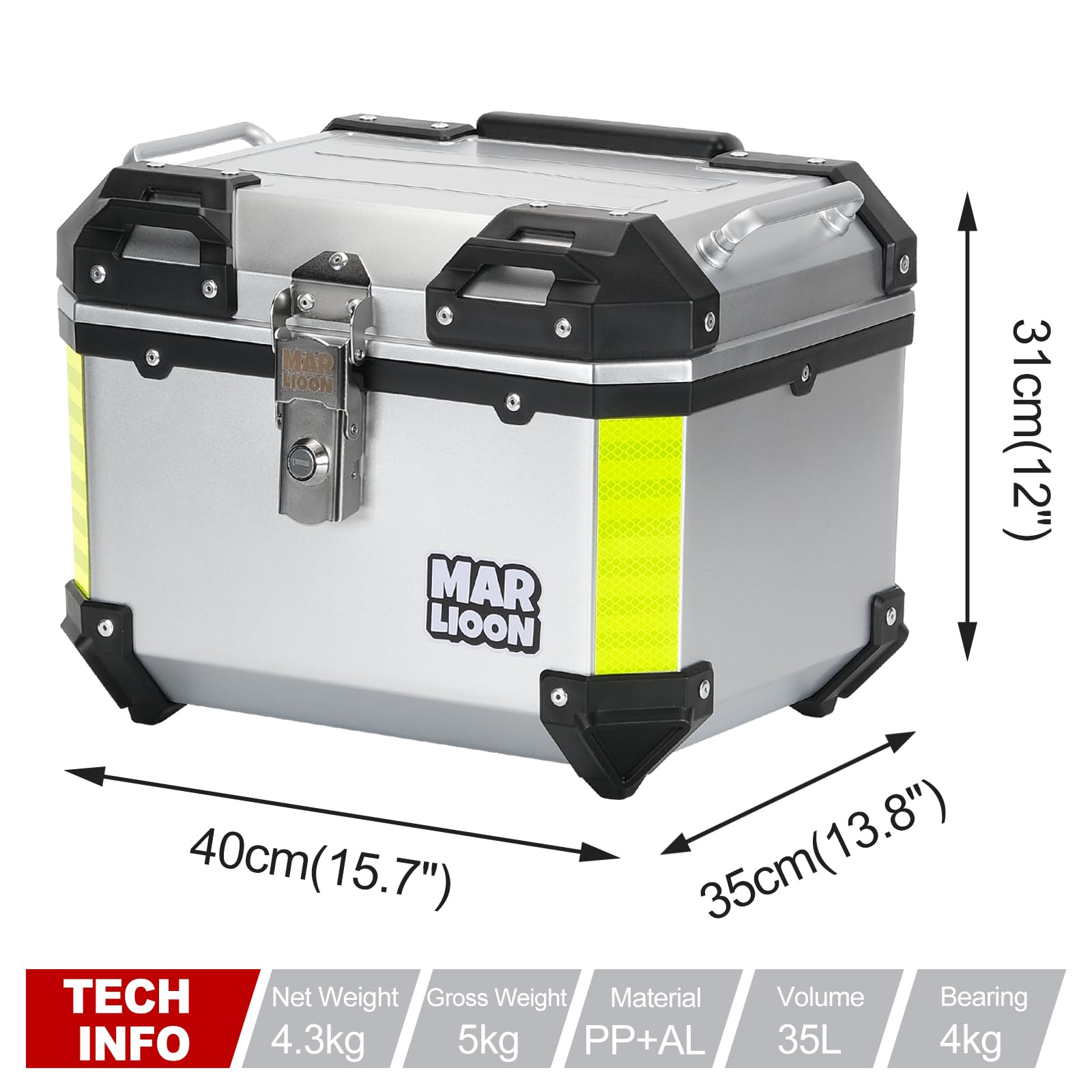 35L Universal Motorcycle Top Case - Quick Release Mounting Plate, Waterproof Scooter Tail Box for Helmet & Luggage Storage - Perfect for Touring, Commuting & Daily Rides (Silver)