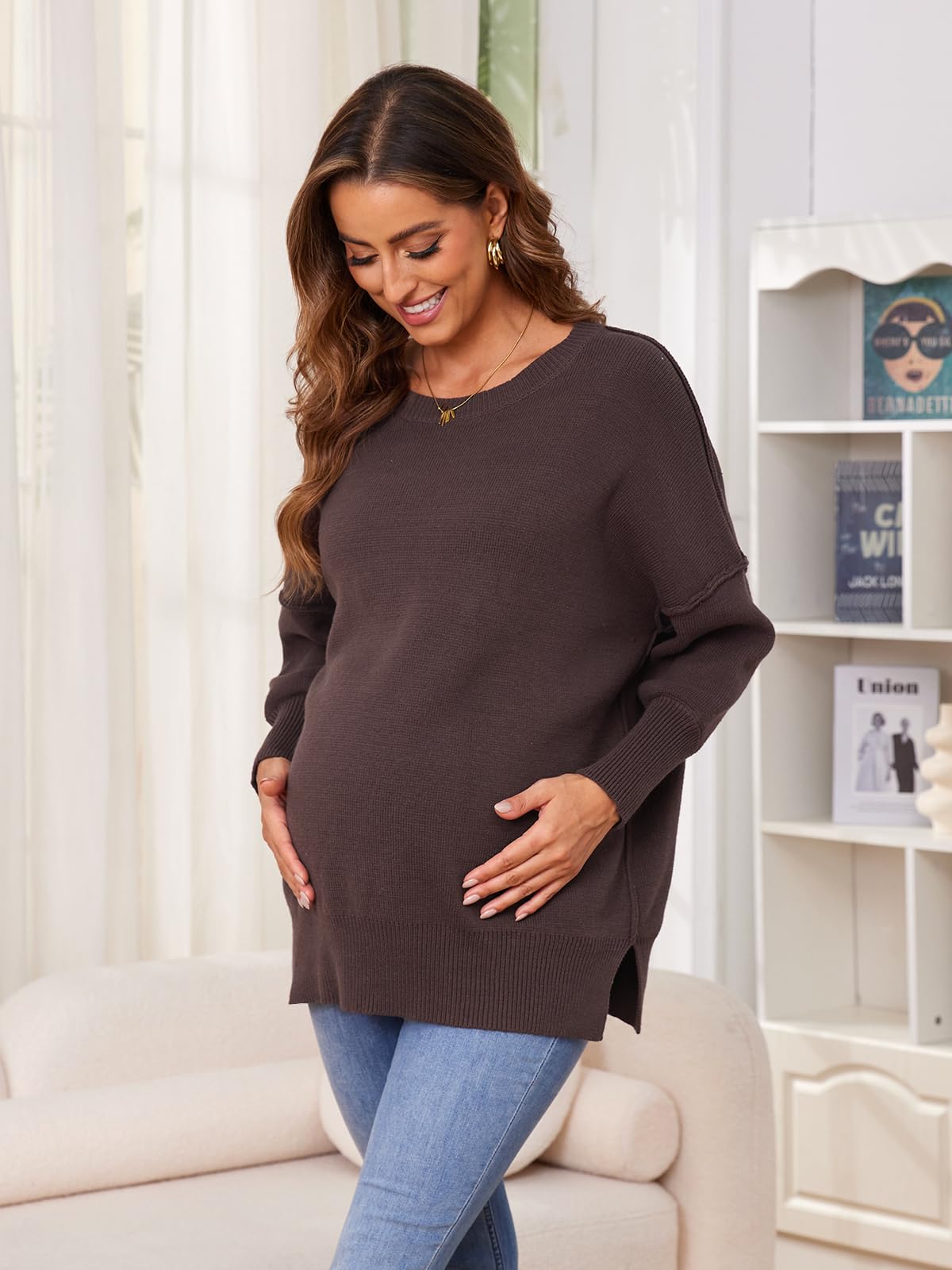 Liu & Qu Women's Maternity Oversized Sweater T-Shirt - Fall Crewneck Batwing Long Sleeve Pullover Pregnancy Top for Comfort & Style | Perfect for Casual Wear, Pregnancy Photos & Cozy Autumn Days