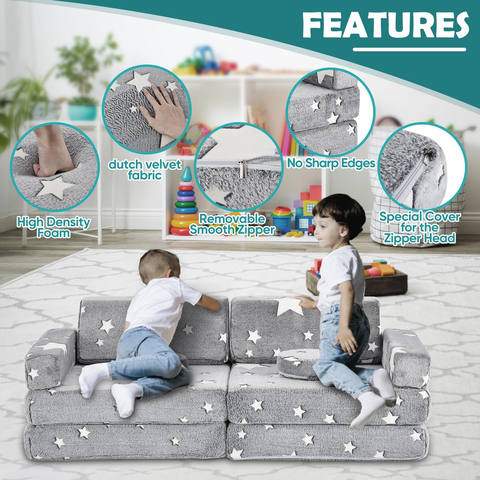 Glow in the Dark Kids Play Couch - 10 Piece Modular Foam Sofa Set for Toddlers | Convertible Playroom & Bedroom Furniture for Boys & Girls | Perfect for Indoor Playtime, Sleepovers & Imaginative Play
