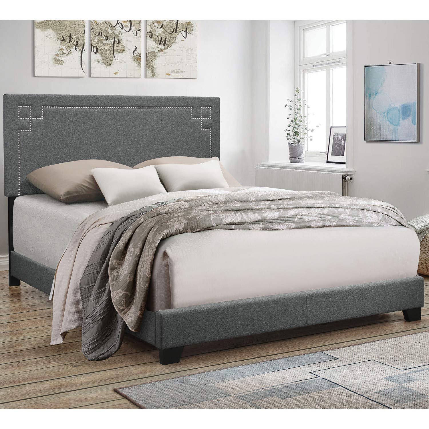 Modern Ishiko II Eastern King Bed Frame - Gray Fabric Panel with Rectangular Headboard, Solid Wood Construction, King Size Bedroom Furniture for Master Bedroom & Guest Room