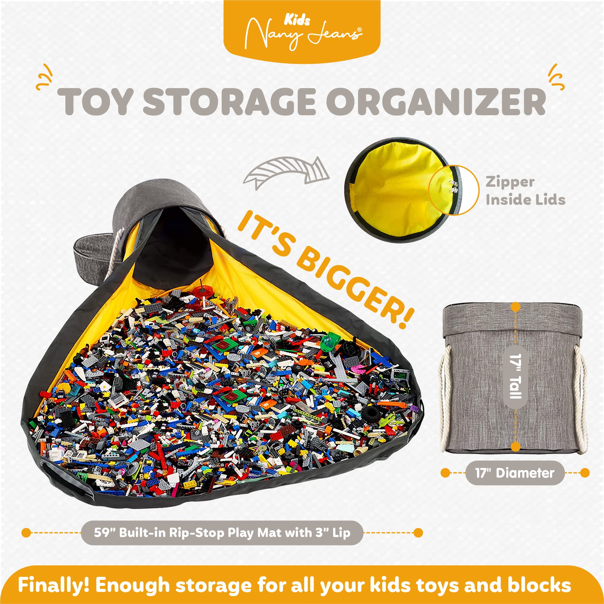 Collapsible XXL Toy Storage Organizer & Play Mat for Kids - Large Toy Bag Container for Building Bricks & Blocks - Portable Toy Chest with Drawstring Closure - Perfect for Playroom, Bedroom & Travel Organization (Grey)