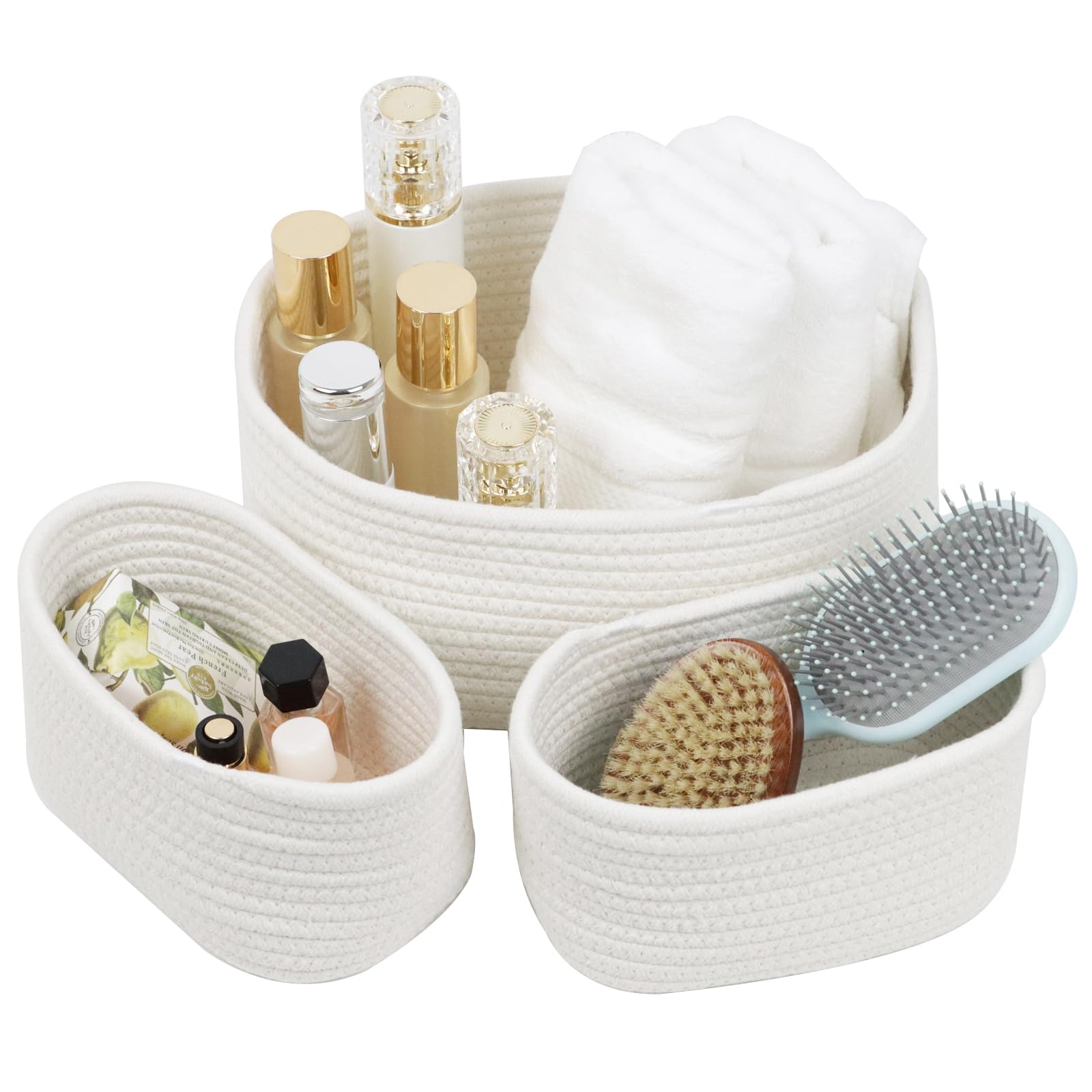 Small Cotton Rope Baskets - Set of 3 Handwoven Storage Baskets for Bathroom Organization, Shelves Decor & Baby Nursery Storage | White Woven Bins for Home, Office & Gift Giving