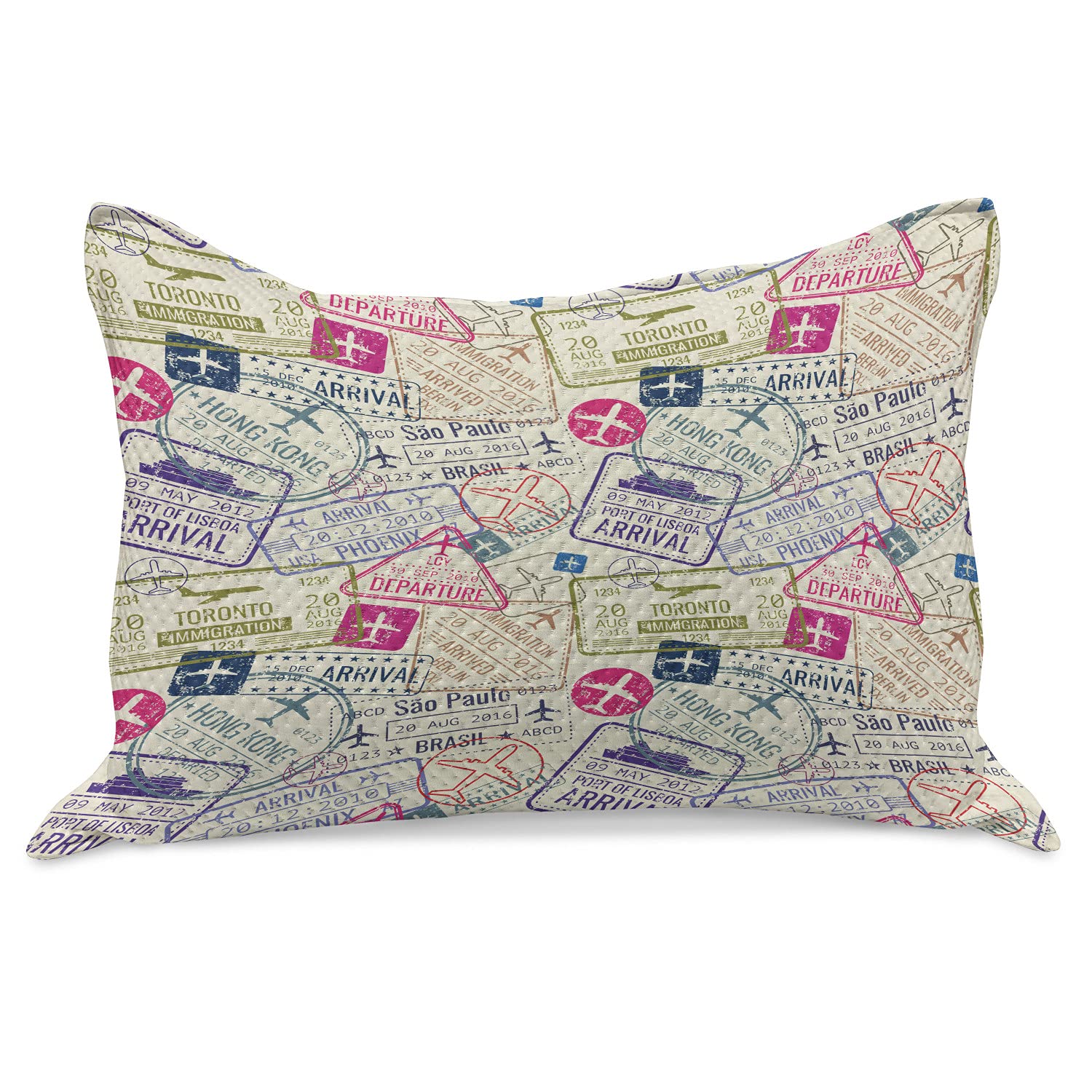 Ambesonne Travel-Themed Knitted Quilt Pillow Cover - Toronto, Hong Kong, Berlin Passport Stamp Print - Standard King Size 36