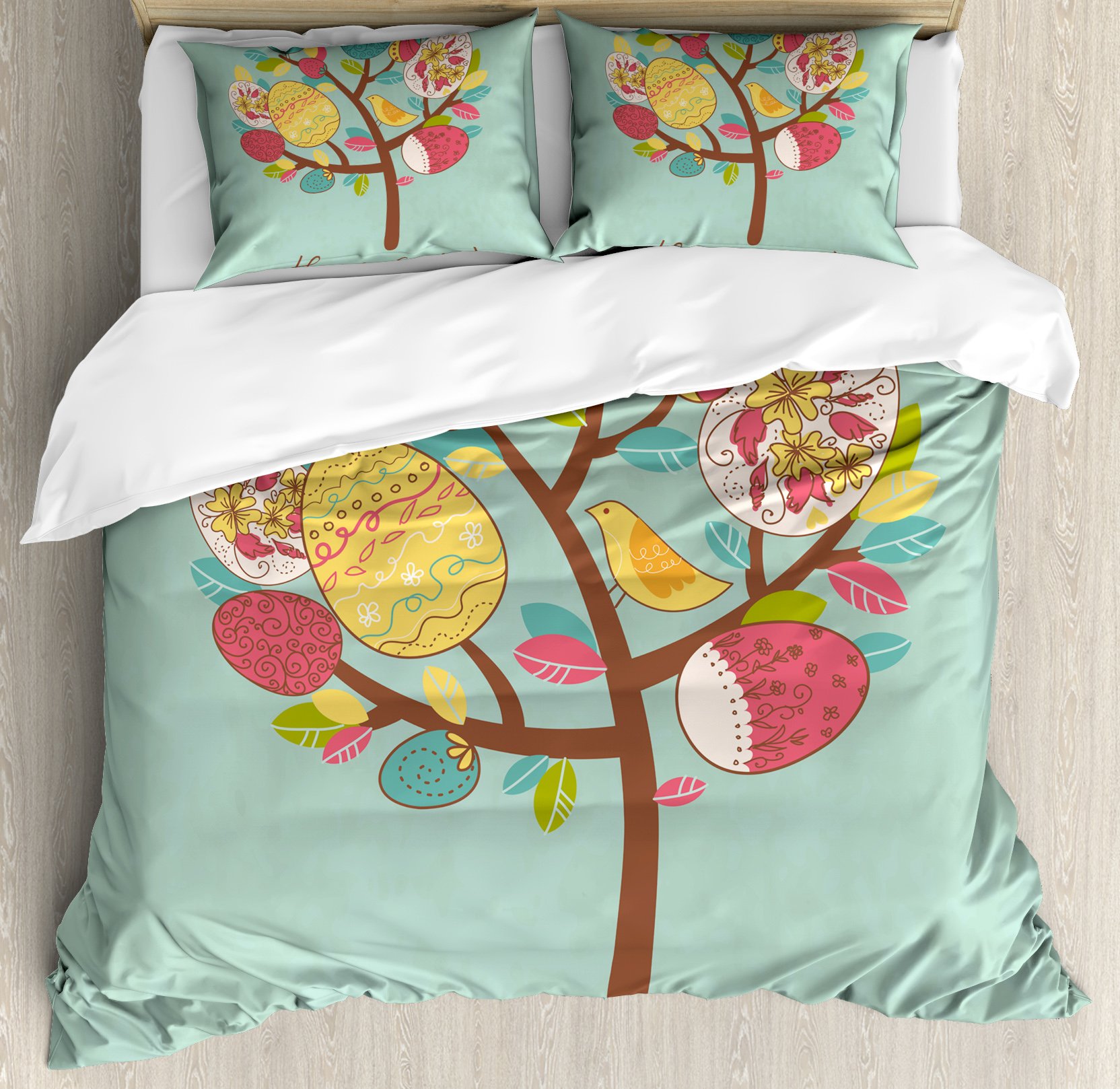 Lunarable Easter Duvet Cover Set King Size - Abstract Tree with Springtime Eggs, Colorful Leaves & Birds 3-Piece Bedding Set with 2 Pillow Shams, Multicolor | Perfect for Spring Decor, Easter Bedroom Makeover & Cozy Seasonal Home Styling