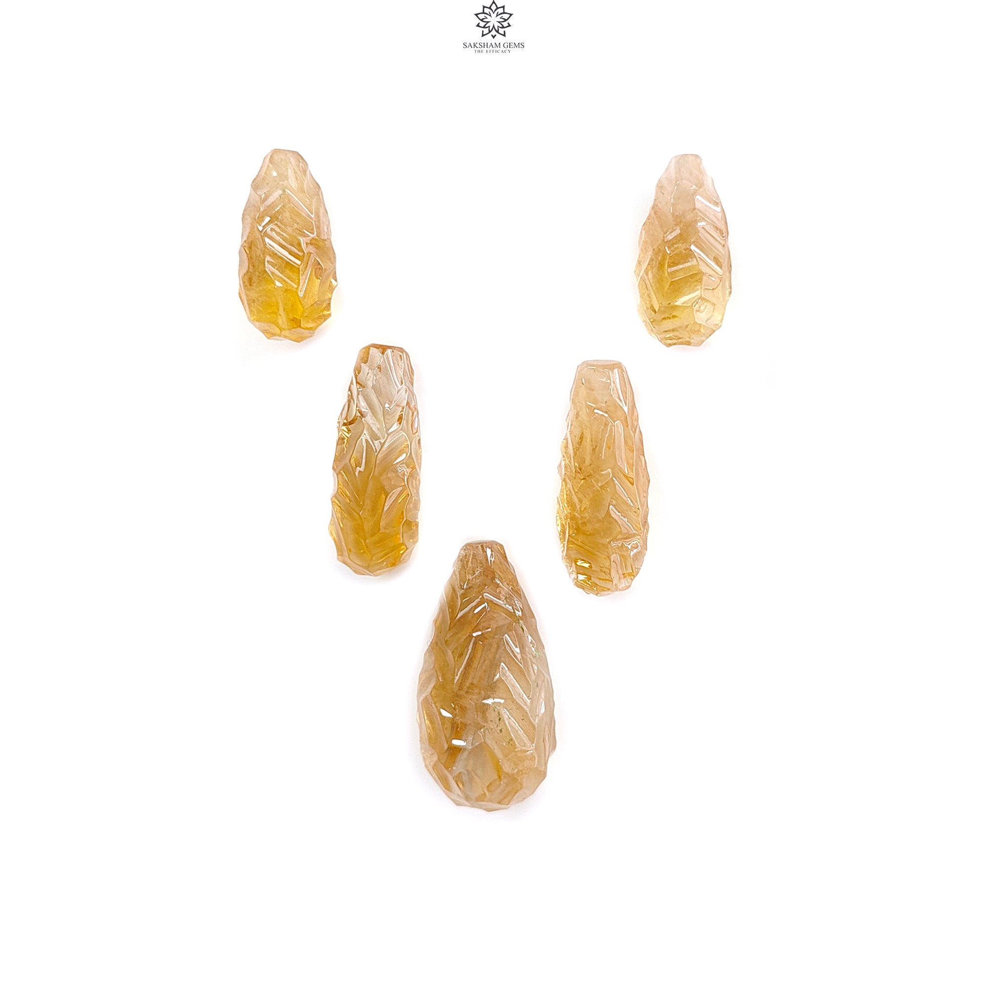 Natural Untreated Yellow Citrine Gemstone - 53.20cts Hand Carved Teardrop Shape (16mm-24mm, 5pcs Set) - November Birthstone for Jewelry Making, Healing Crystals & Spiritual Gifts