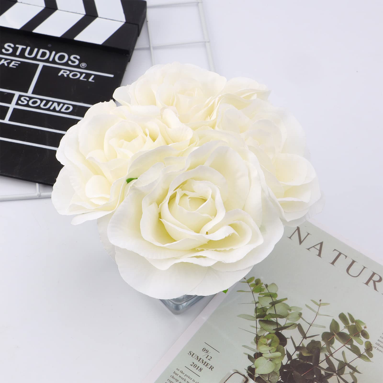 Nisoger 2 Pack Artificial Silk Roses in Vase - Realistic Fake Flower Arrangement for Home Office Decor, Dining Table Centerpiece, Wedding & Party Decoration
