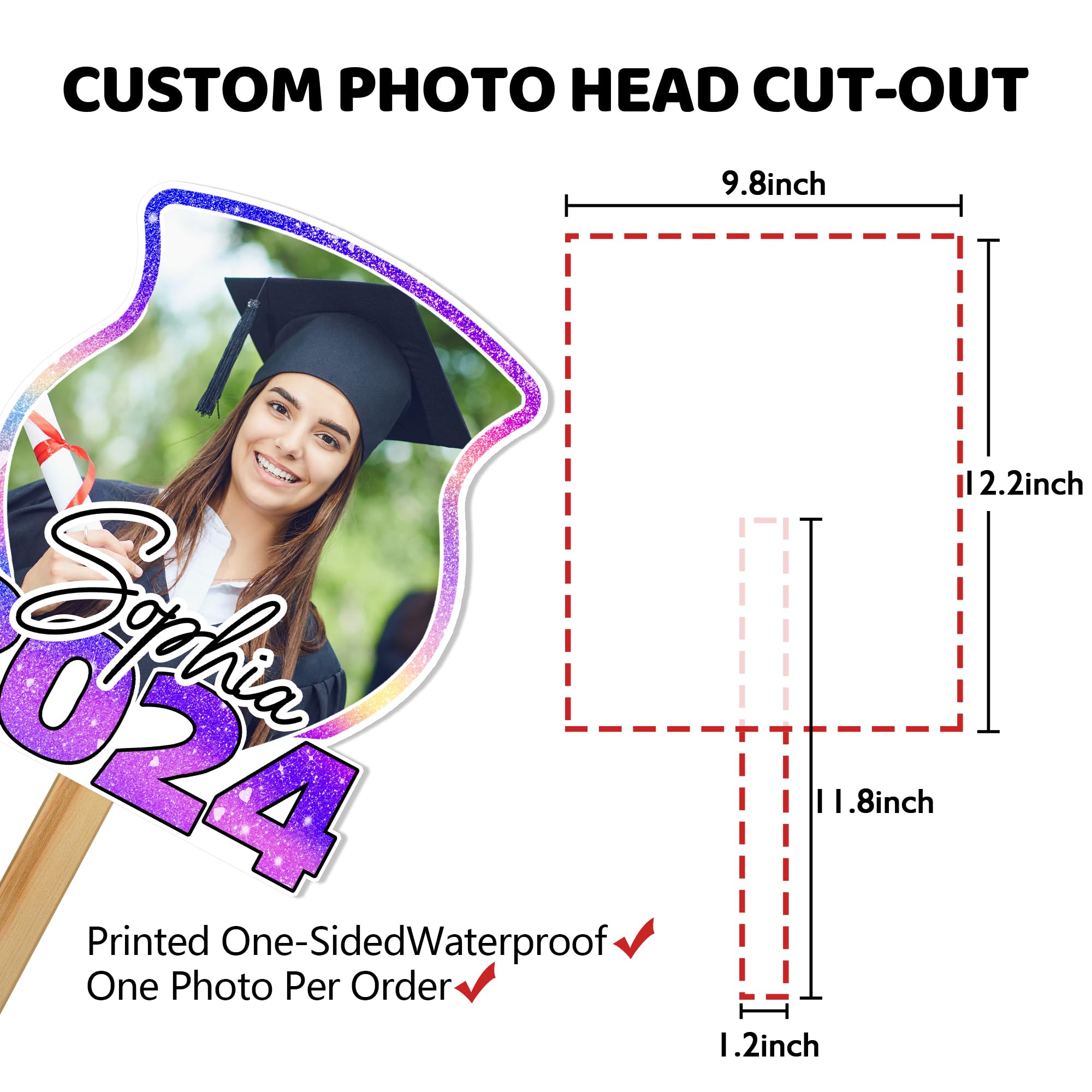 Custom Graduation Fan Gifts with Photo - Personalized Cardboard Cutouts for 2024 Graduates | Big Head on Stick for Him & Her | Perfect for Graduation Parties, Decorations & Celebrations