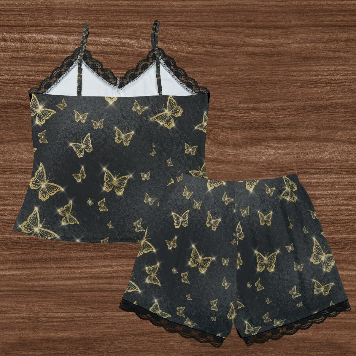 Golden Butterflies Cami Home Suit With Lace Edge - Elegant Sleepwear Set for Women, Comfortable Lace Trim Pajamas, Perfect for Lounging & Sleepwear