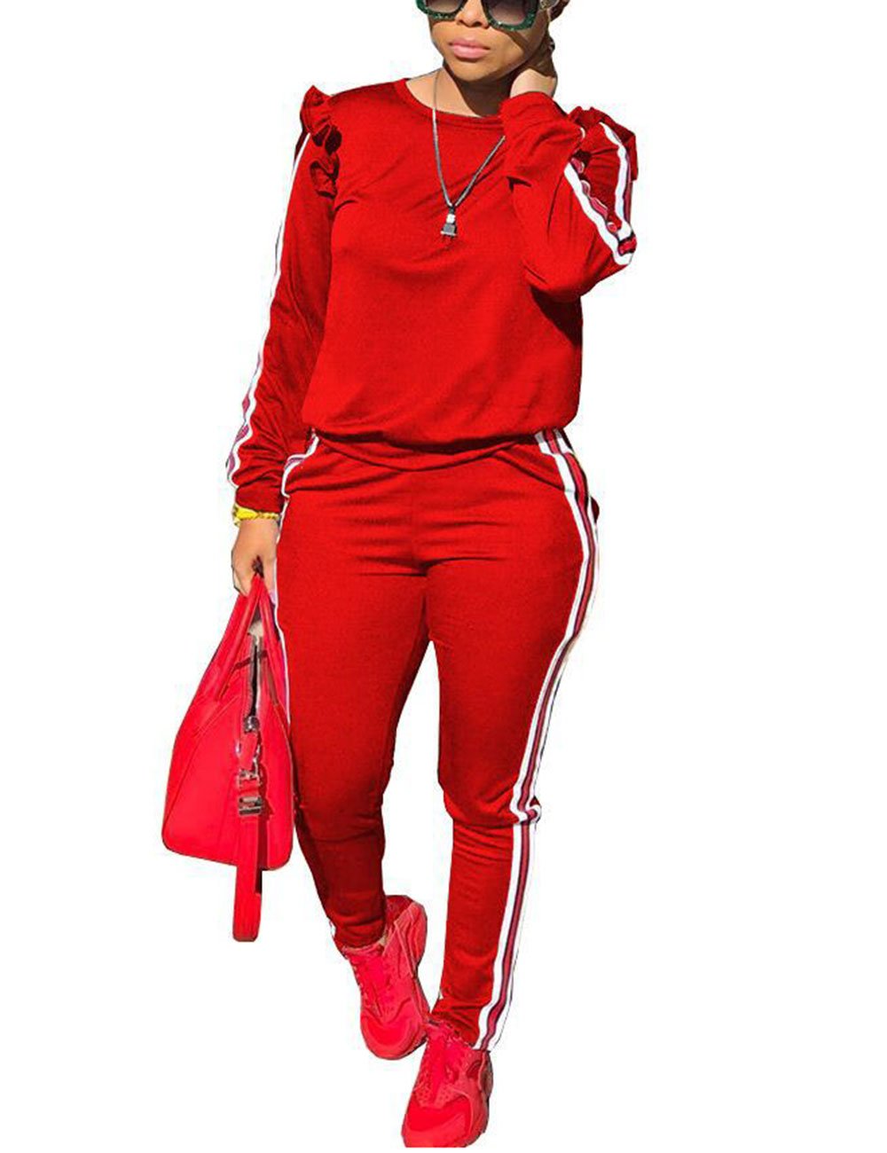 AKMIPOEM Women's 2-Piece Outfit - Ruffled Sleeve Sweatshirt & Jogger Pants Lounge Set | Casual Tracksuit for Workout, Yoga & Streetwear Fashion