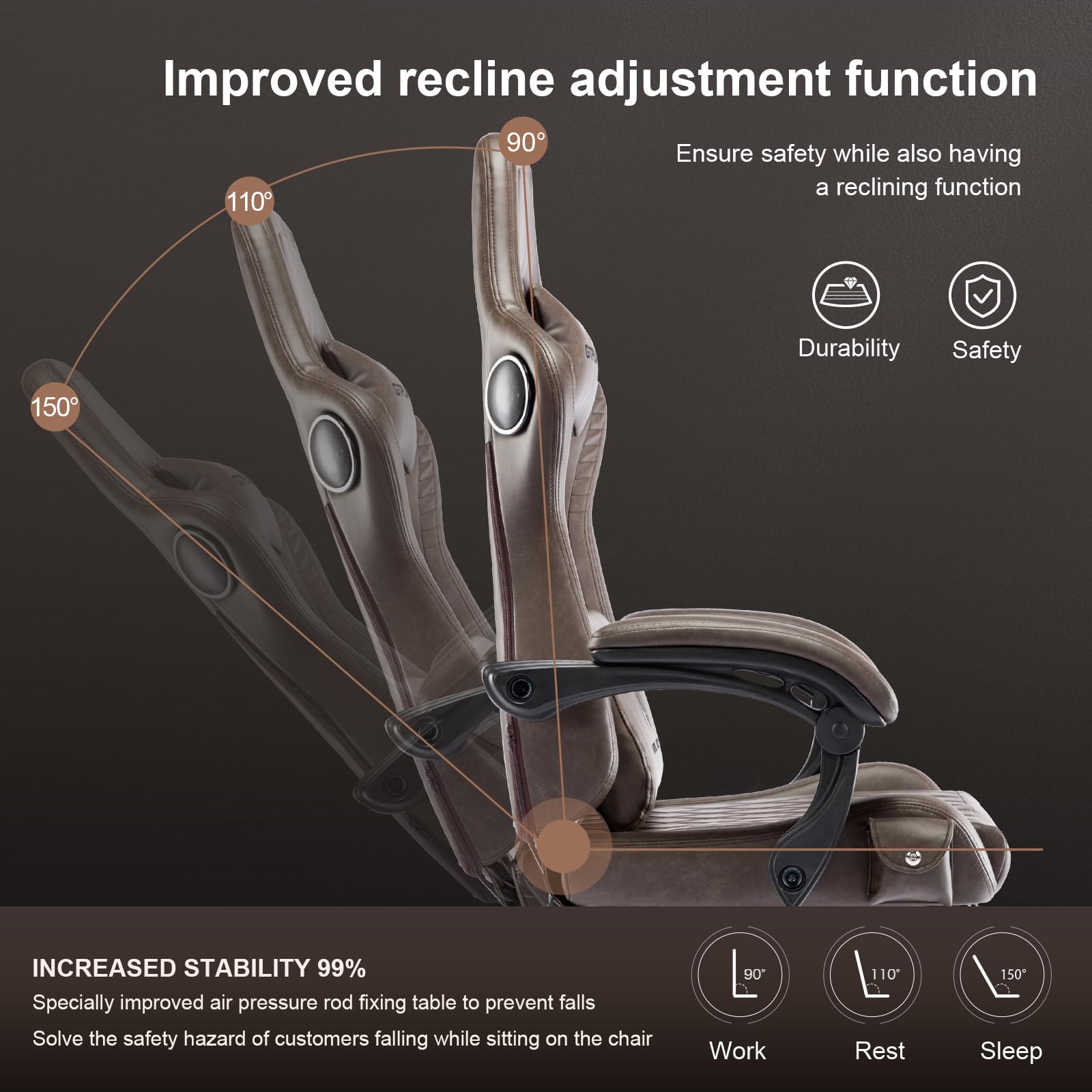 GTRacing GTPLAYER Ergonomic Gaming Chair with Bluetooth Speakers, Footrest & Reclining Function - High Back Computer Chair with Linkage Armrests for Adults (Light Brown) - Perfect for PC Gaming, Office Work & Home Entertainment