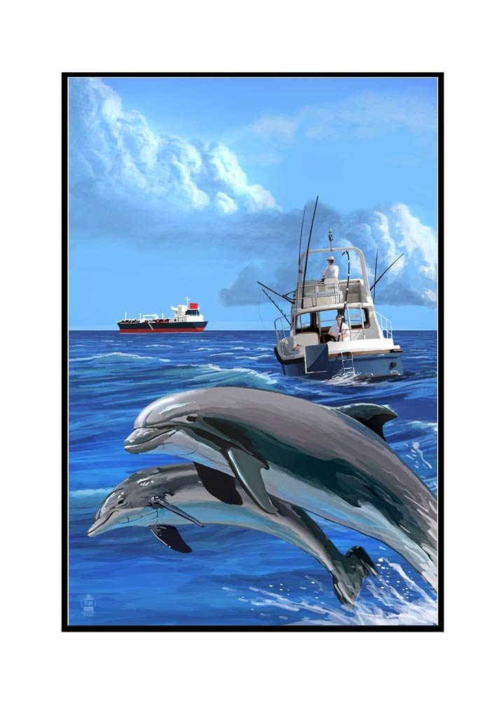 24x36 Framed Gallery Wrapped Stretched Canvas - Fishing Boat with Freighter and Dolphins Wall Art for Living Room, Bedroom & Office Decor