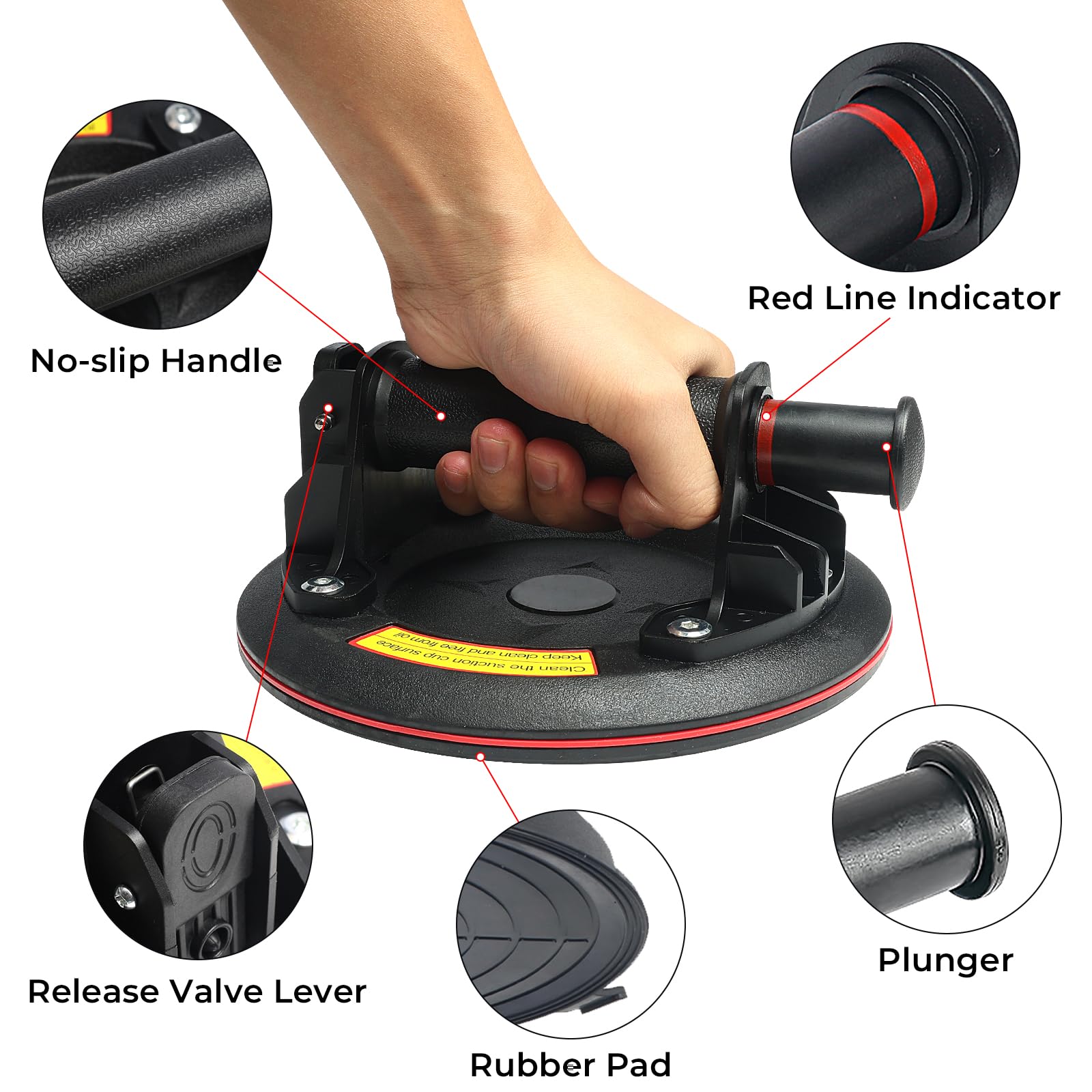 Heavy Duty Glass Suction Cups 2 Pack - 8 Inch Vacuum Lifter with Handle for Lifting Large Glass, Tiles, Windows (240 lbs Capacity) - Includes Carrying Case - Ideal for Glass Installation, Construction & Home Improvement Projects (Black)