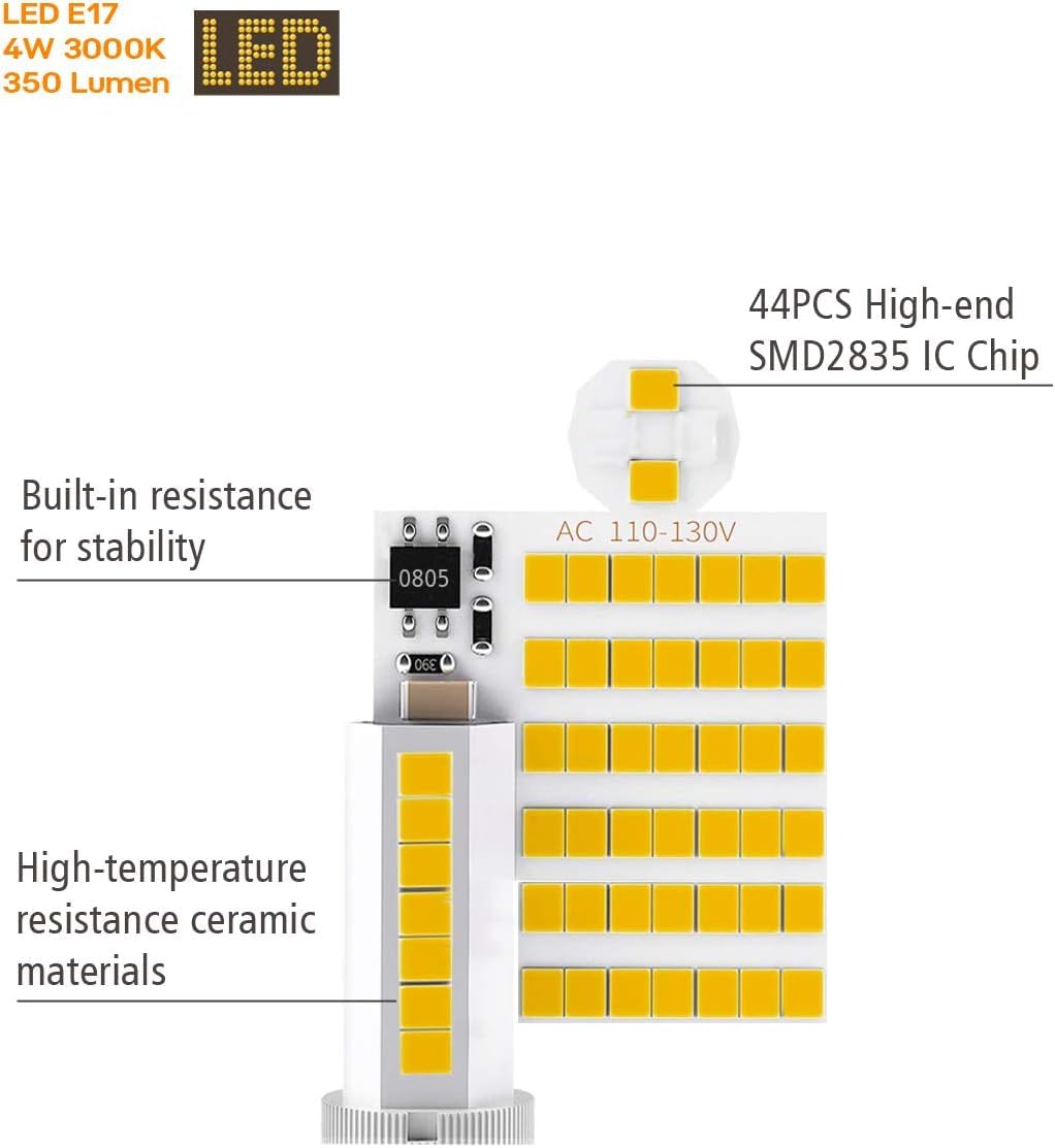 3-Pack E17 LED Bulbs for Microwave Oven - 4W (40W-50W Halogen Equivalent), Warm White 3000K, 350LM, Non-Dimmable, 120V, Ceramic Base - Perfect for Microwave Oven Light Replacement & Appliance Repair