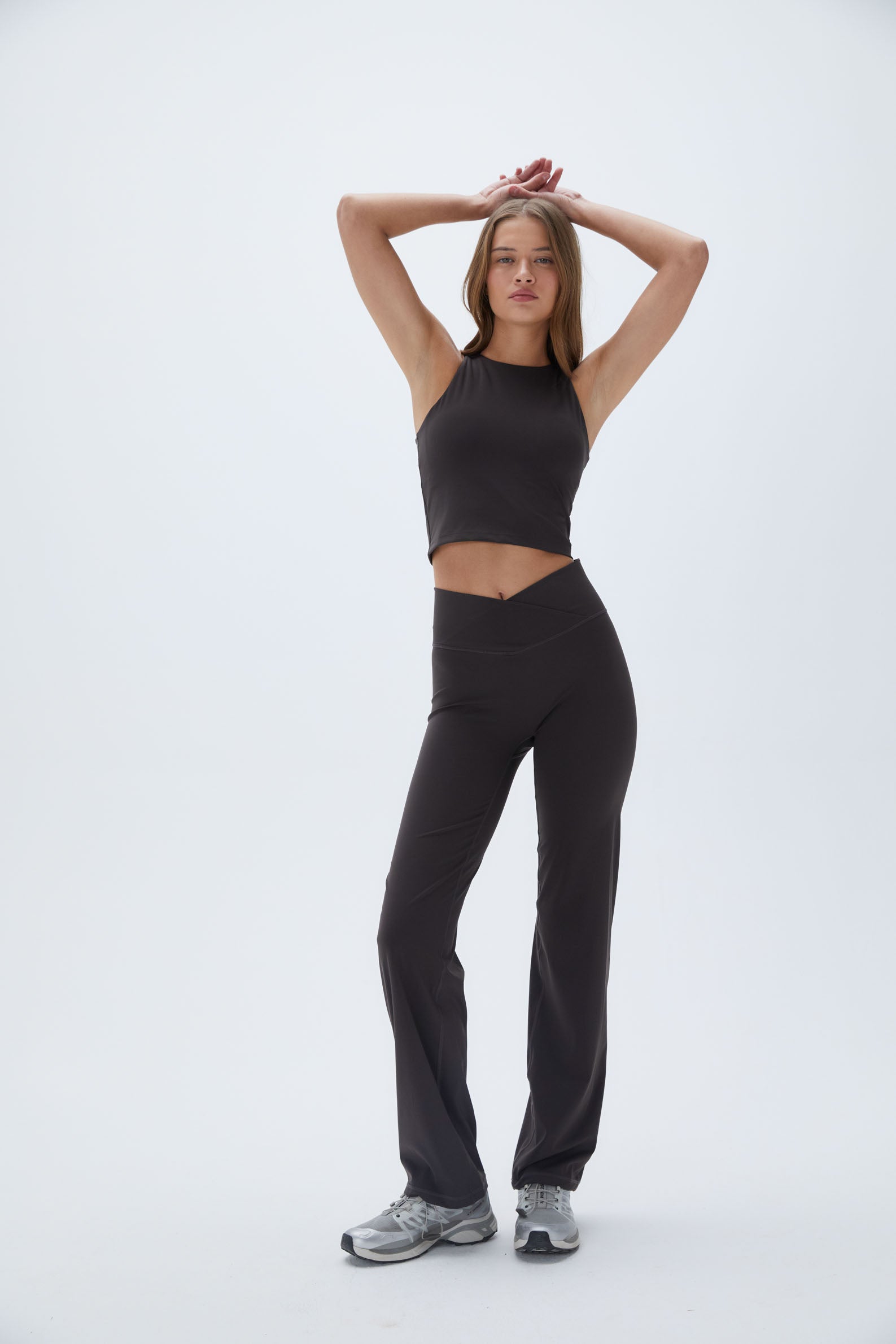 High Waist Wrap Over Yoga Pants for Women - Soft Stretchy Workout Leggings - Coffee Bean Color - Perfect for Yoga, Gym, Running and Lounge Wear
