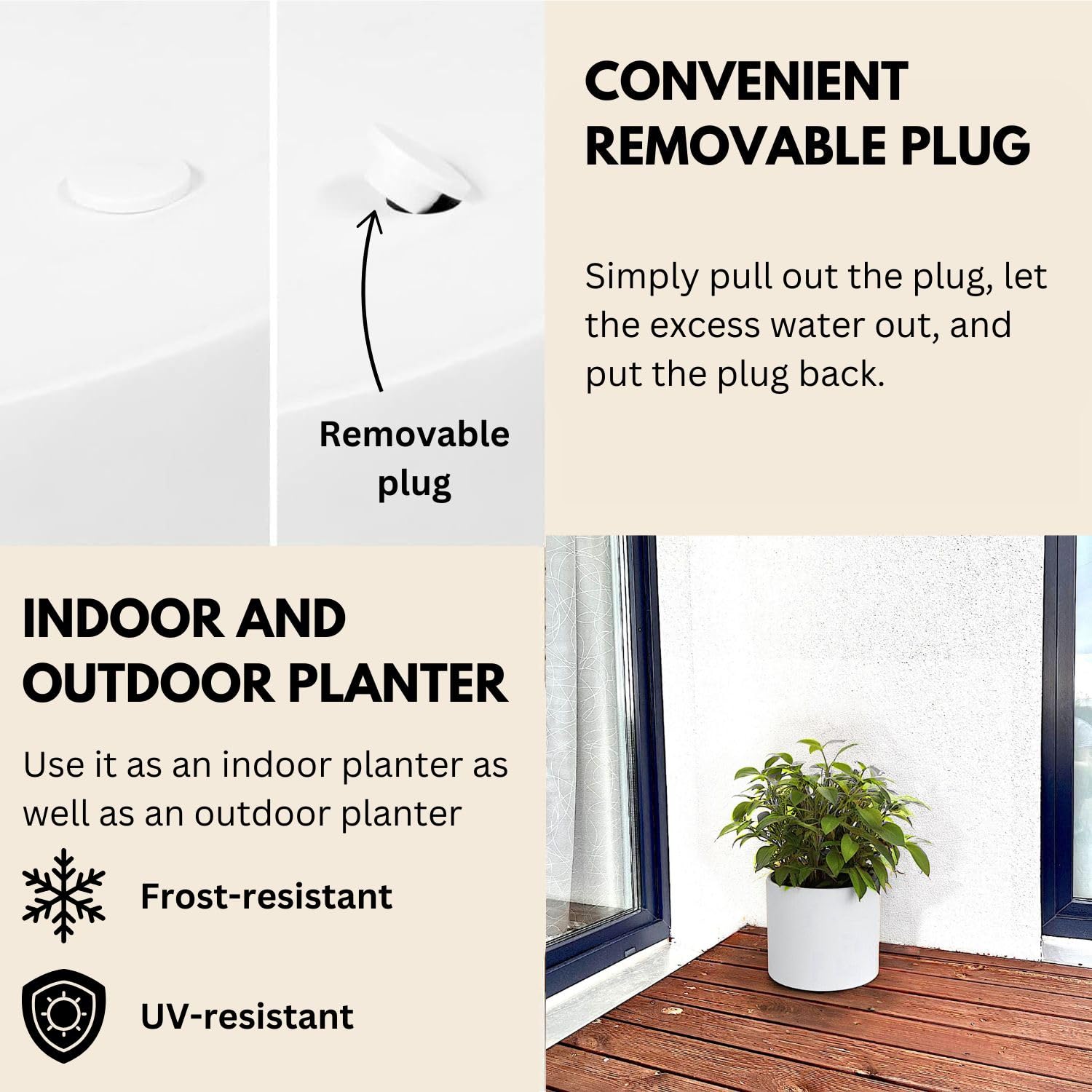Premium 8 Inch Fiberstone Planter with Drainage - Lightweight Matte White Indoor/Outdoor Plant Pot - Weather & UV Resistant - Perfect for Home Decor, Patio, Garden, and Office Plants