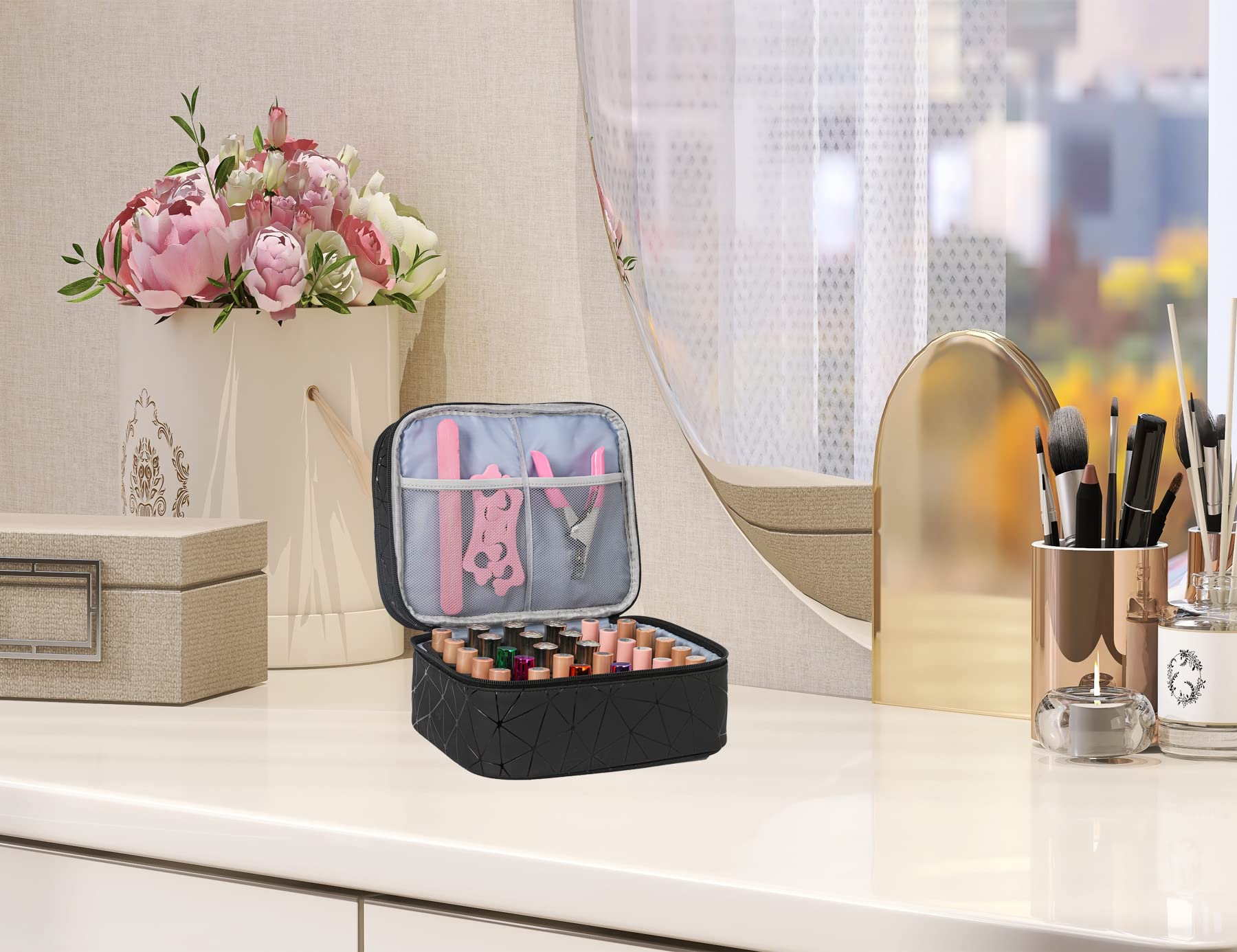 30 Bottles Nail Polish Organizer - Double Layer Nail Varnish Storage Case with Handle | Portable Nail Supply Carrying Bag for Salon, Travel & Home Organization (Black)