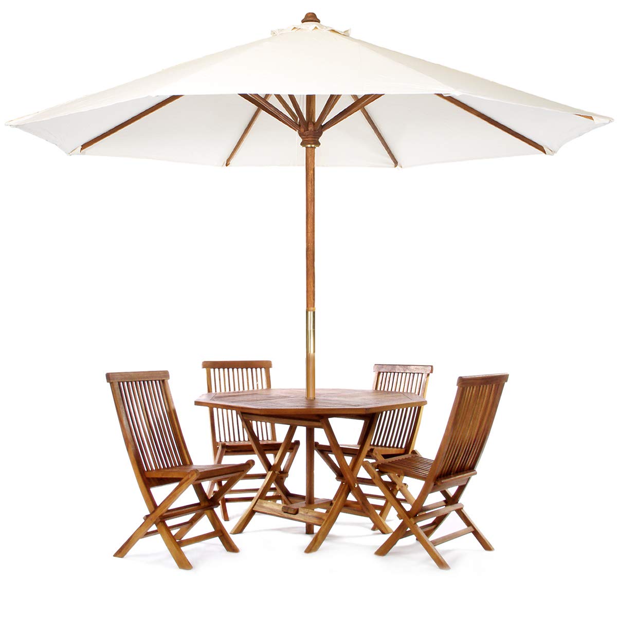 Premium 6-Piece Outdoor Patio Set: All Things Cedar TT6P-O-W Teak Octagon Dining Table with 4 Folding Chairs & White Market Umbrella - Perfect for Backyard, Garden, Poolside & Terrace Relaxation