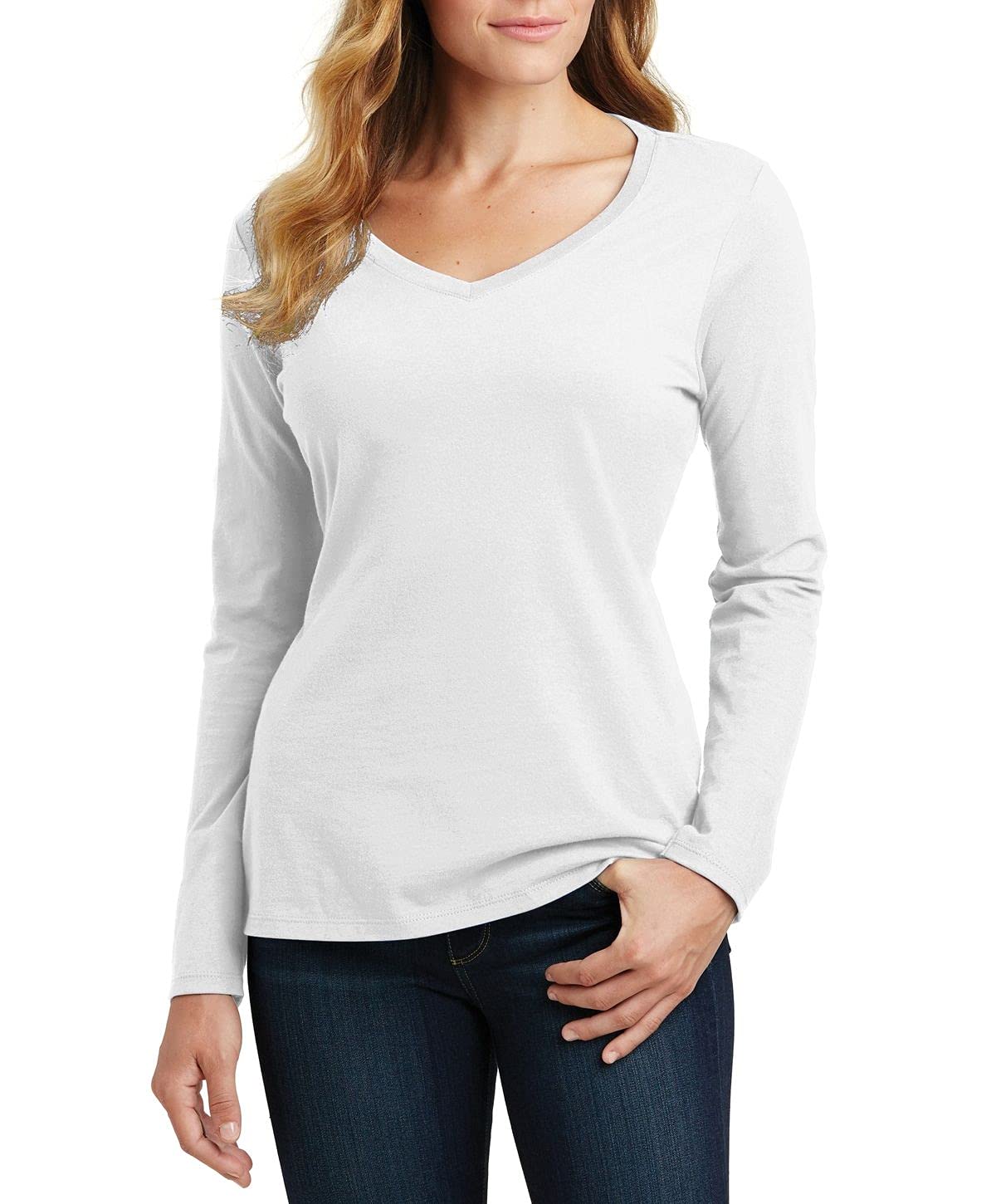 JustBlanks Women's Long Sleeve V-Neck T-Shirts | 100% Cotton Soft Basic Tee for Women | Casual Wear, Layering & Everyday Comfort