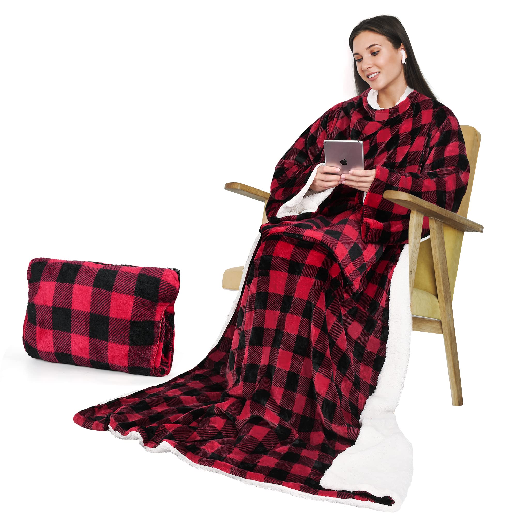 Catalonia Classic Sherpa Fleece Blanket with Sleeves - Ultra Soft & Warm Wearable Blanket for Adults | Portable Travel Blanket & Pillow | Cozy Gift for Women & Men | Plaid Red Design | Perfect for Lounging, Camping & Cold Weather