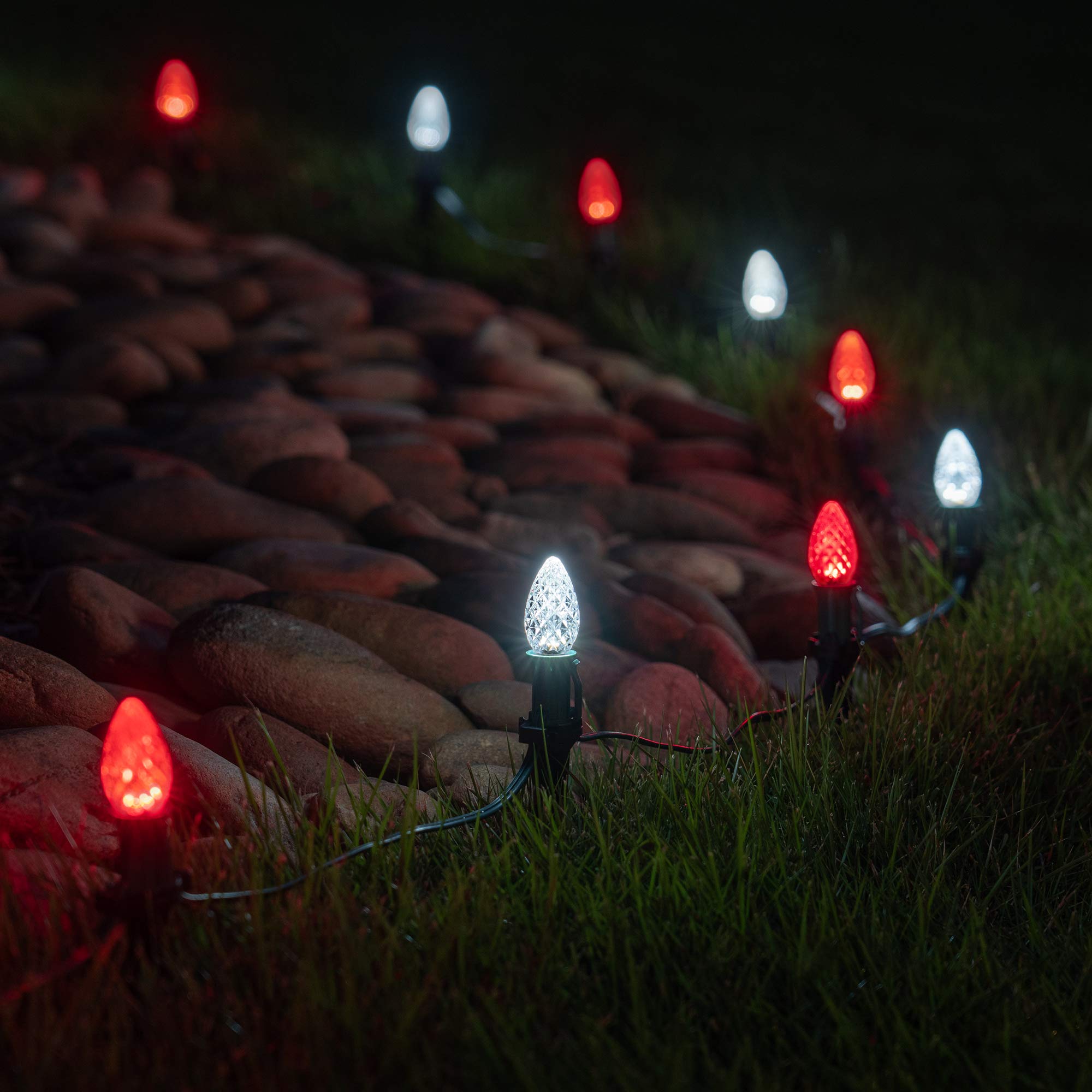 Wintergreen Lighting 50ft OptiCore LED C7 Red and White Christmas Pathway Lights - Outdoor Candy Cane String Lights with 4.5