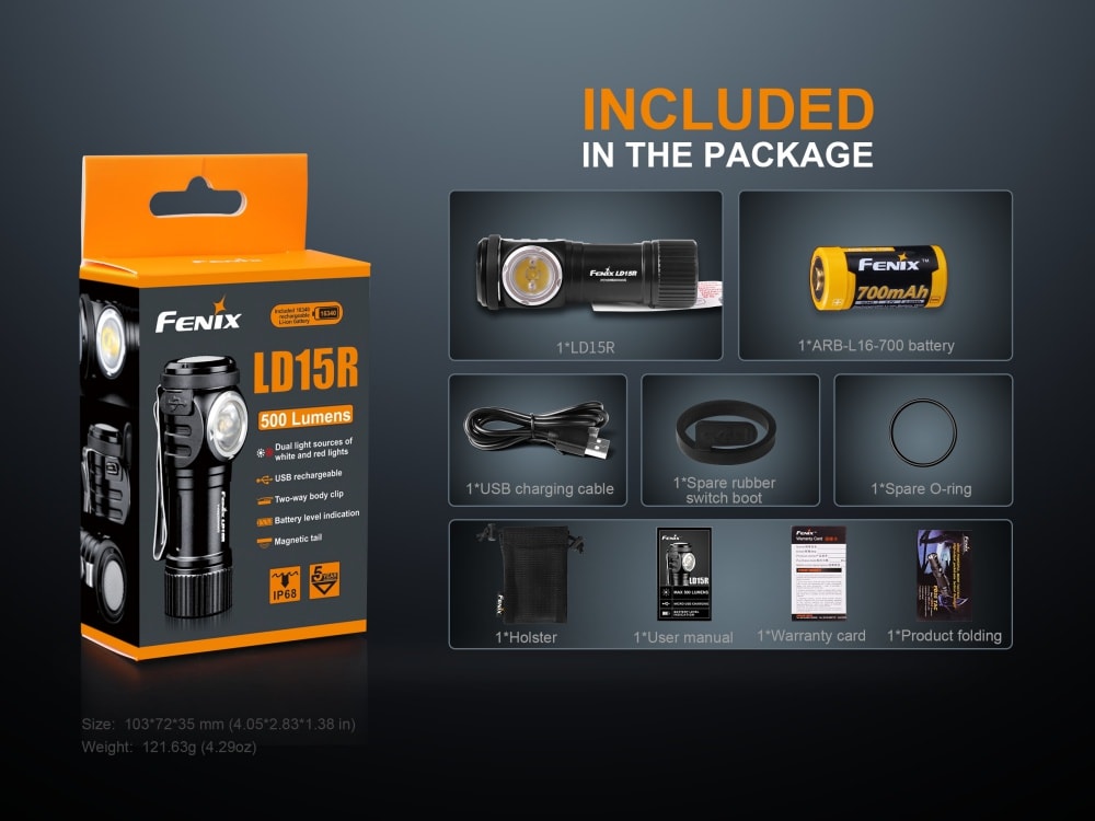 Fenix LD15R Rechargeable Right Angle LED Flashlight - 500 Lumens, IP68 Waterproof for Camping, Hiking & Emergency Use