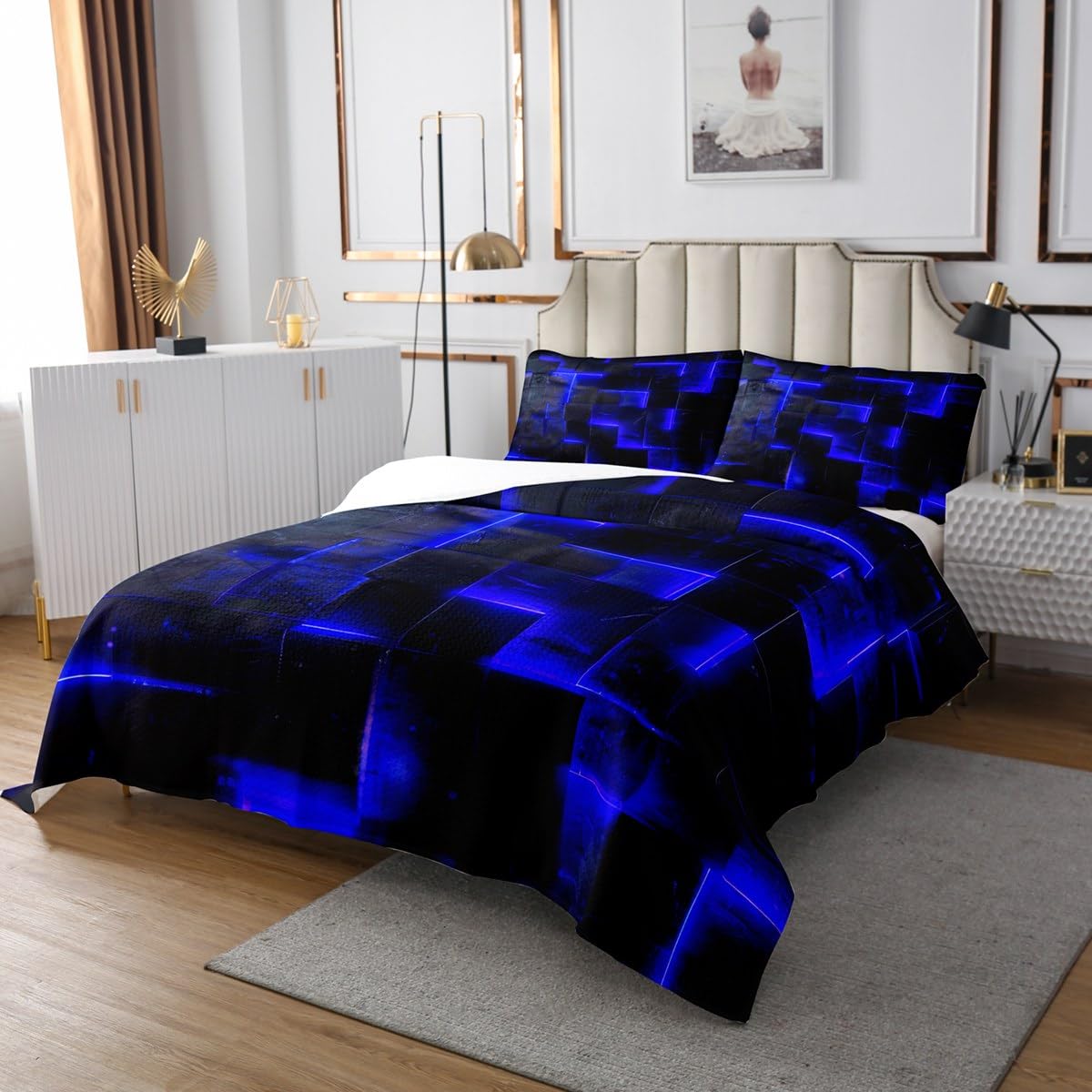 Erosebridal 3D Geometric Queen Quilt Set - Abstract Aesthetic Bedding Coverlet in Black & Navy Blue - Futuristic Glowing Cubes Design - Neon Grid Bedspread 3-Piece Set for Modern Bedroom Decor
