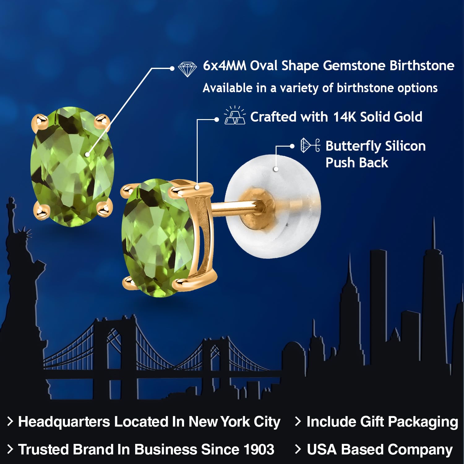 14K Gold Oval Gemstone Stud Earrings for Women & Men | 6x4mm Birthstone Jewelry | Perfect Gift for Mom, Wife, Her | Elegant Fine Jewelry for Everyday Wear & Special Occasions