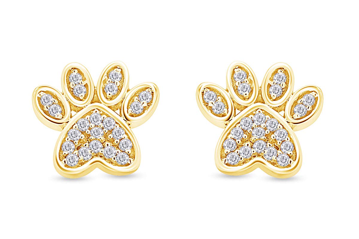 10K Yellow Gold Round Cut Simulated Birthstone Dog Paw Print Stud Earrings for Women - Push Back Closure, Perfect for Pet Lovers, Gifts & Everyday Wear
