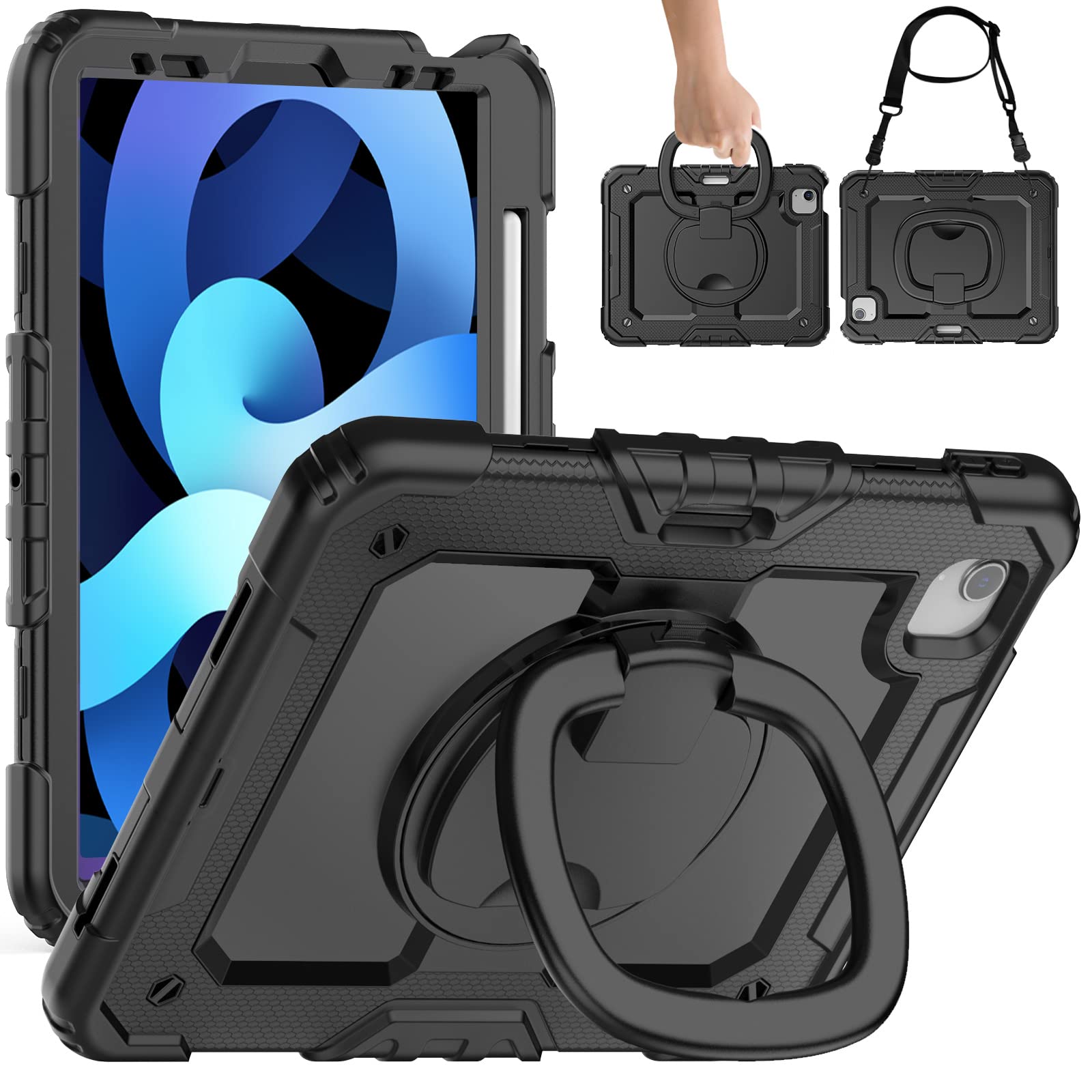Vetvon iPad Air 4th/5th Generation Case (2020/2022 Model) with Screen Protector - 360° Rotating Handle, Adjustable Shoulder Strap & Pencil Holder - Shockproof Protective Cover for iPad Air 5/4 - Perfect for Work, Travel & Outdoor Use - Black