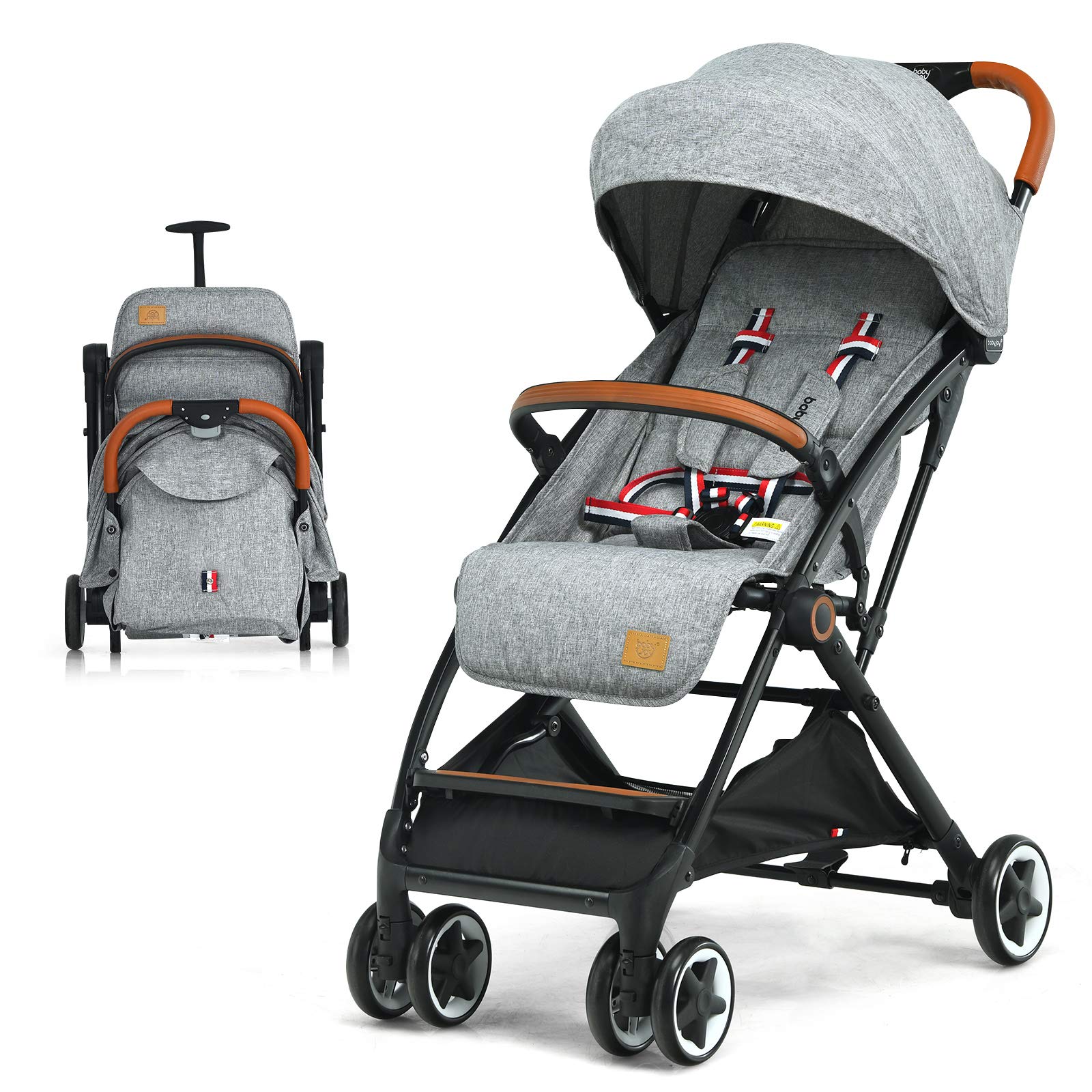 BABY JOY Lightweight Compact Baby Stroller for Travel - Airplane Approved Infant Stroller with 5-Point Safety Harness, Adjustable Backrest & Canopy, Storage Basket | Easy One-Hand Fold Gray Stroller for Newborns & Toddlers | Perfect for Air Travel, Shopping & Daily Walks