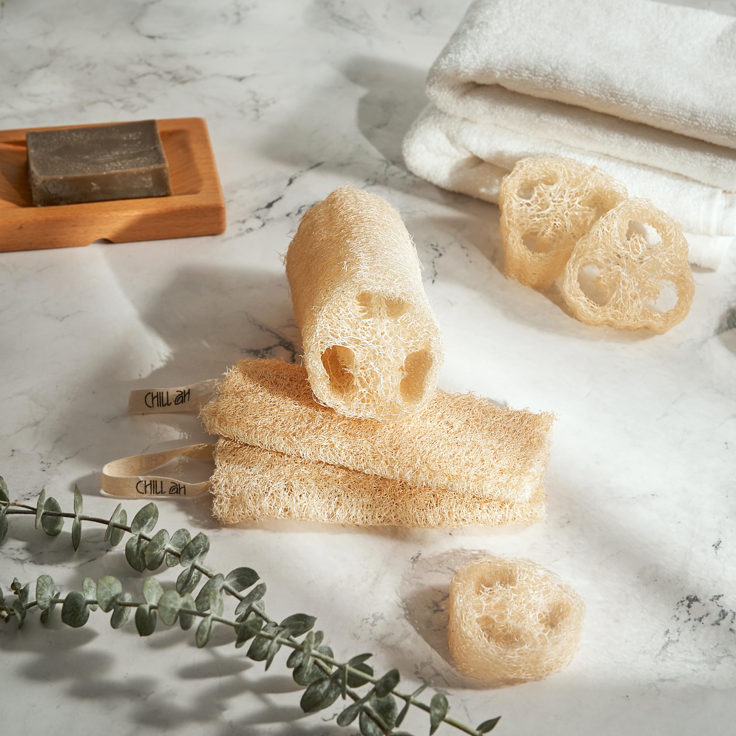 Eco-Friendly Loofah Sponge Set – 100% Natural Plant-Based, Dye-Free & Biodegradable, Gentle Exfoliating Bath Sponge, Handmade in Vietnam (4-Pack) for Shower, Bath & Skin Care Routine