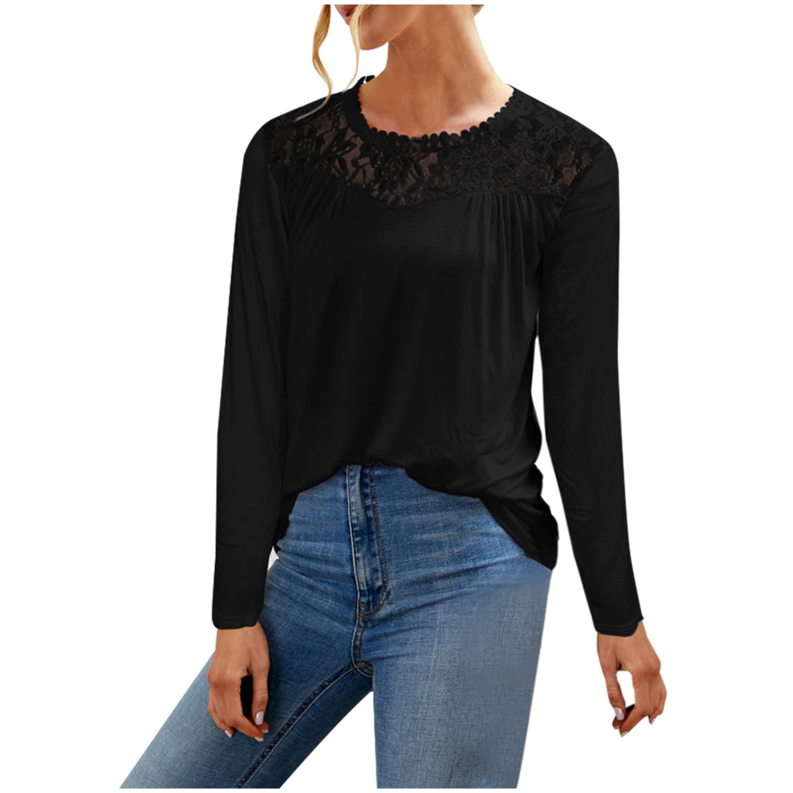Women's Waffle Knit Blouse - Casual Long Sleeve Lace Turtleneck Top with Crew Neck & Stretch Fit | Perfect for Layering, Office Wear & Fall Fashion