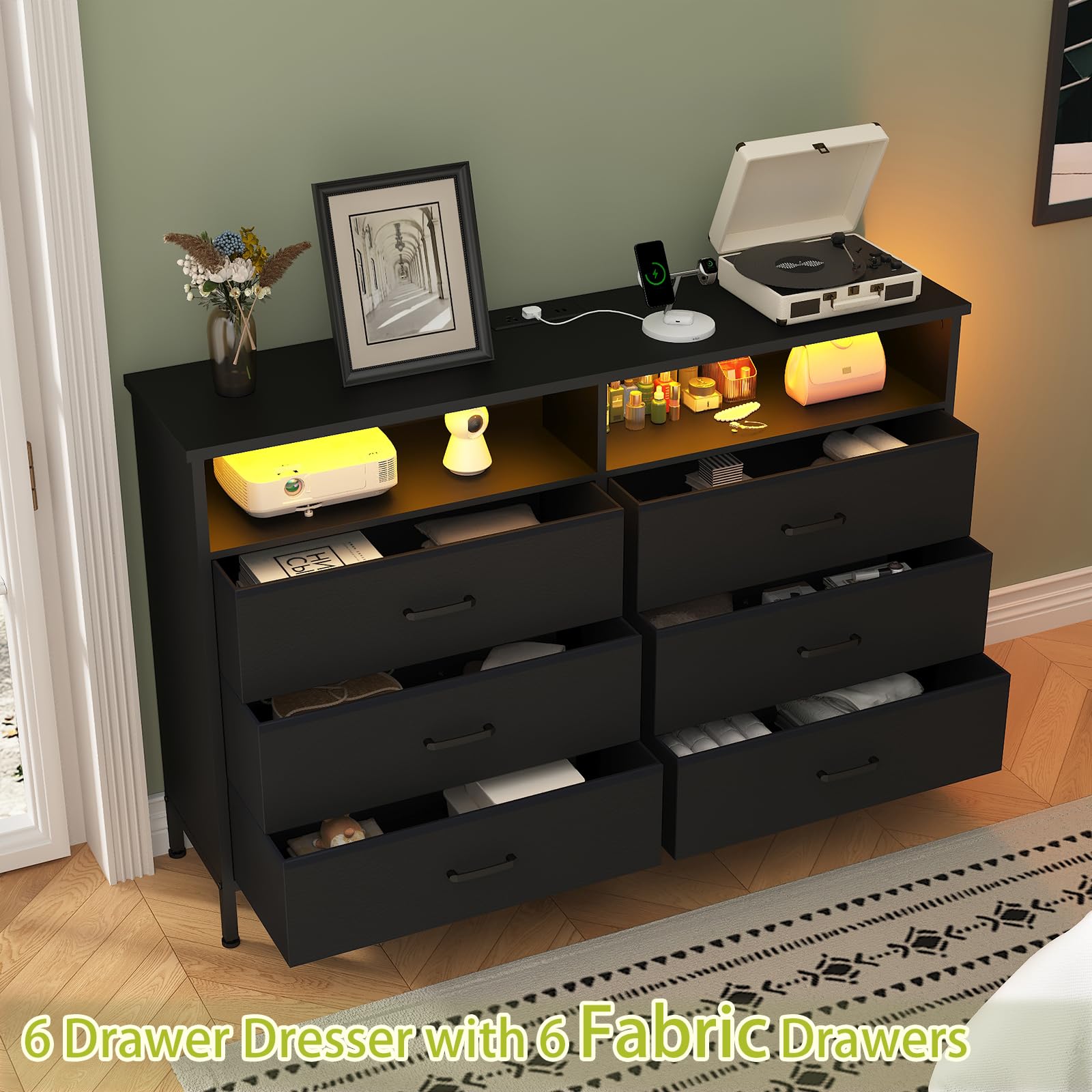 LED Fabric Dresser with Charging Station - 6 Drawer Storage for Bedroom & Living Room TV Stand