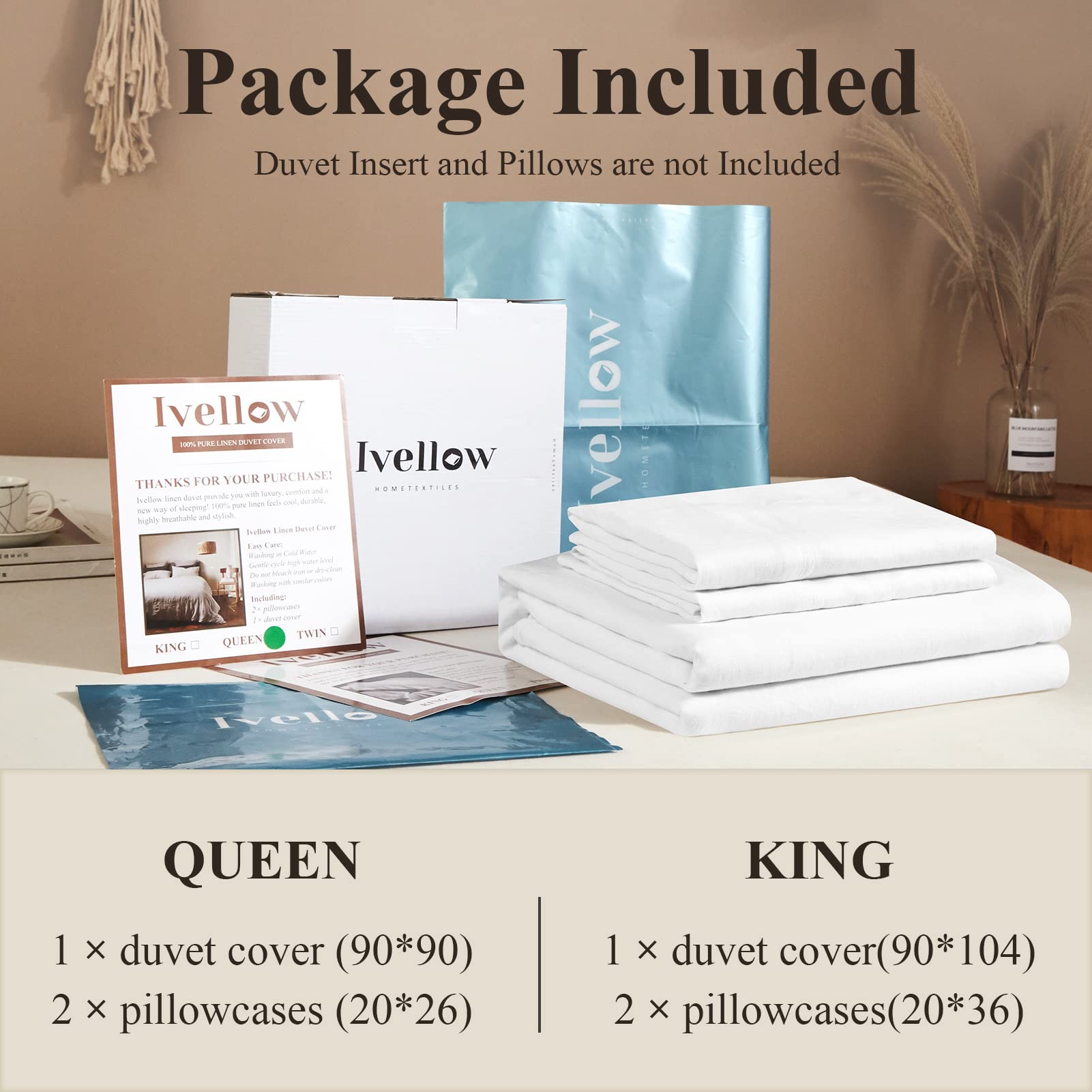 Ivellow 100% Pure Washed French Flax Linen King Duvet Cover Set - 3 Piece White Breathable Cooling Bedding (Duvet Cover + 2 Pillow Shams) | Soft Moisture Wicking Fabric for All-Season Comfort | Perfect for Master Bedroom, Guest Room & Vacation Homes