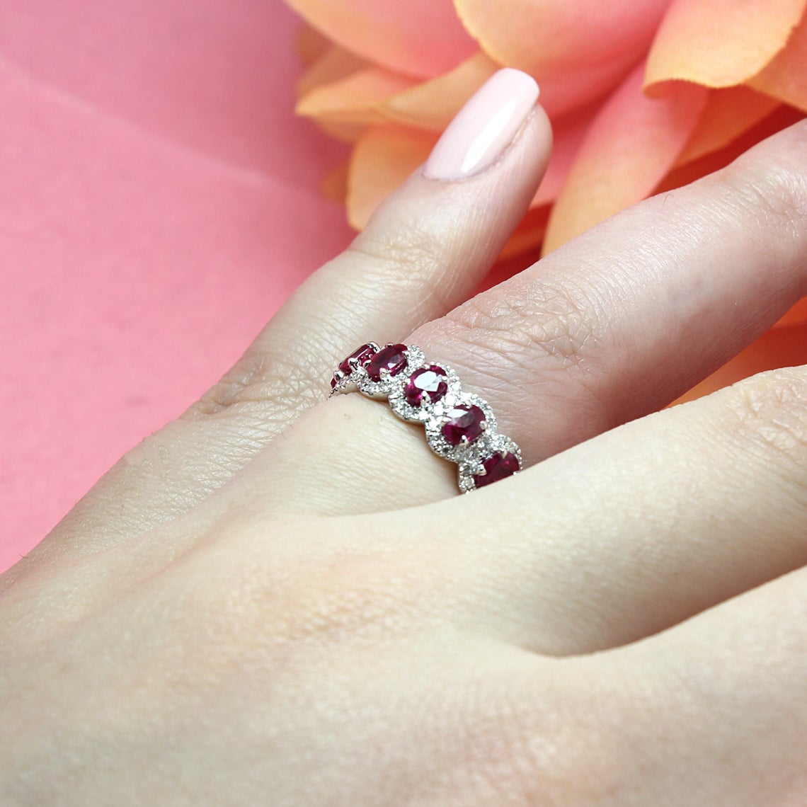 3.20 Carat Genuine Oval Ruby Eternity Ring with Diamond Halo - Perfect for Engagement, Anniversary & Special Occasion Gifts