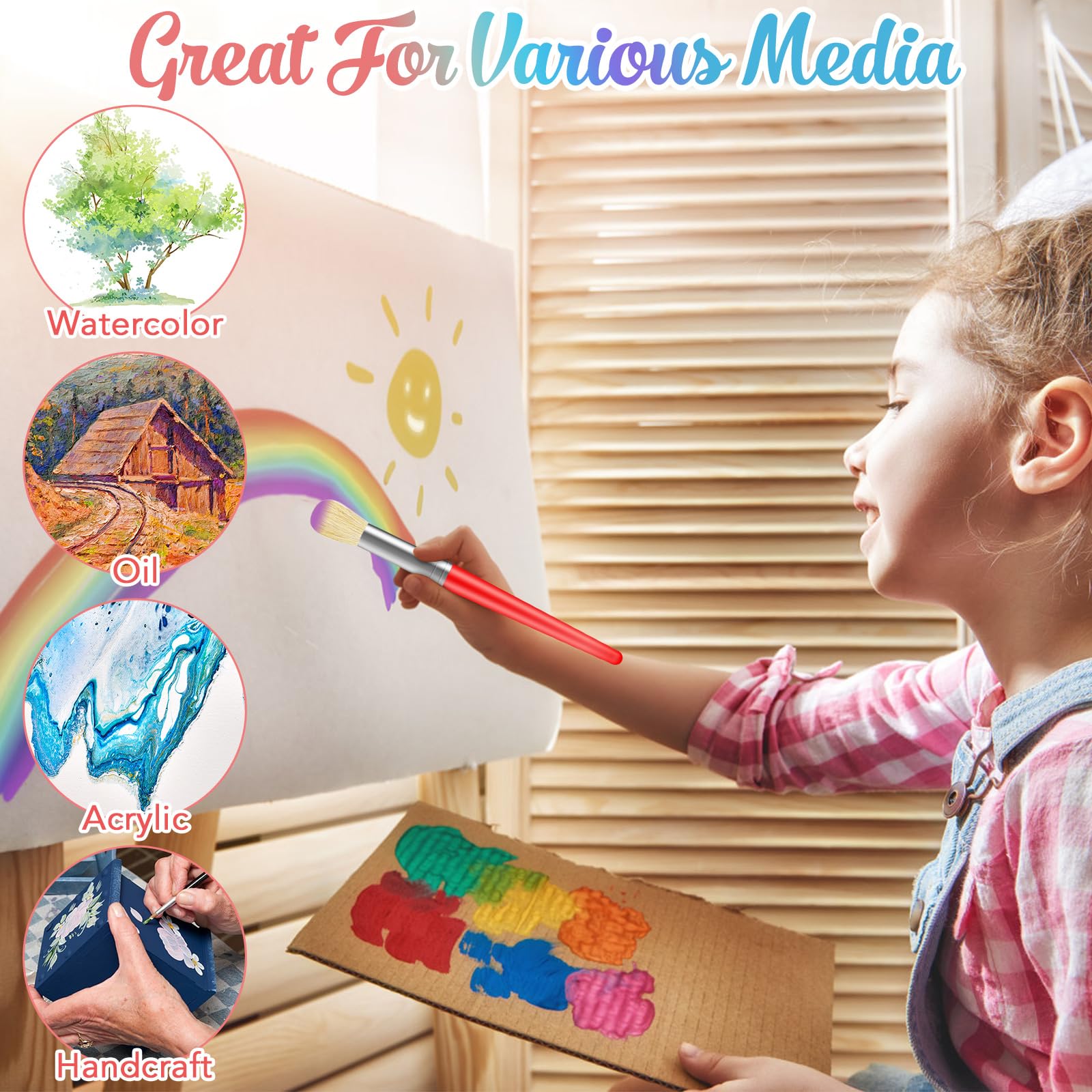 10-Piece Washable Kids Paint Brushes Set - Non-Shedding Round & Flat Bristles for Toddlers & Preschoolers - Easy Grip Handles for Acrylic & Washable Paints - Perfect for Art Class, DIY Projects & Home Painting Activities