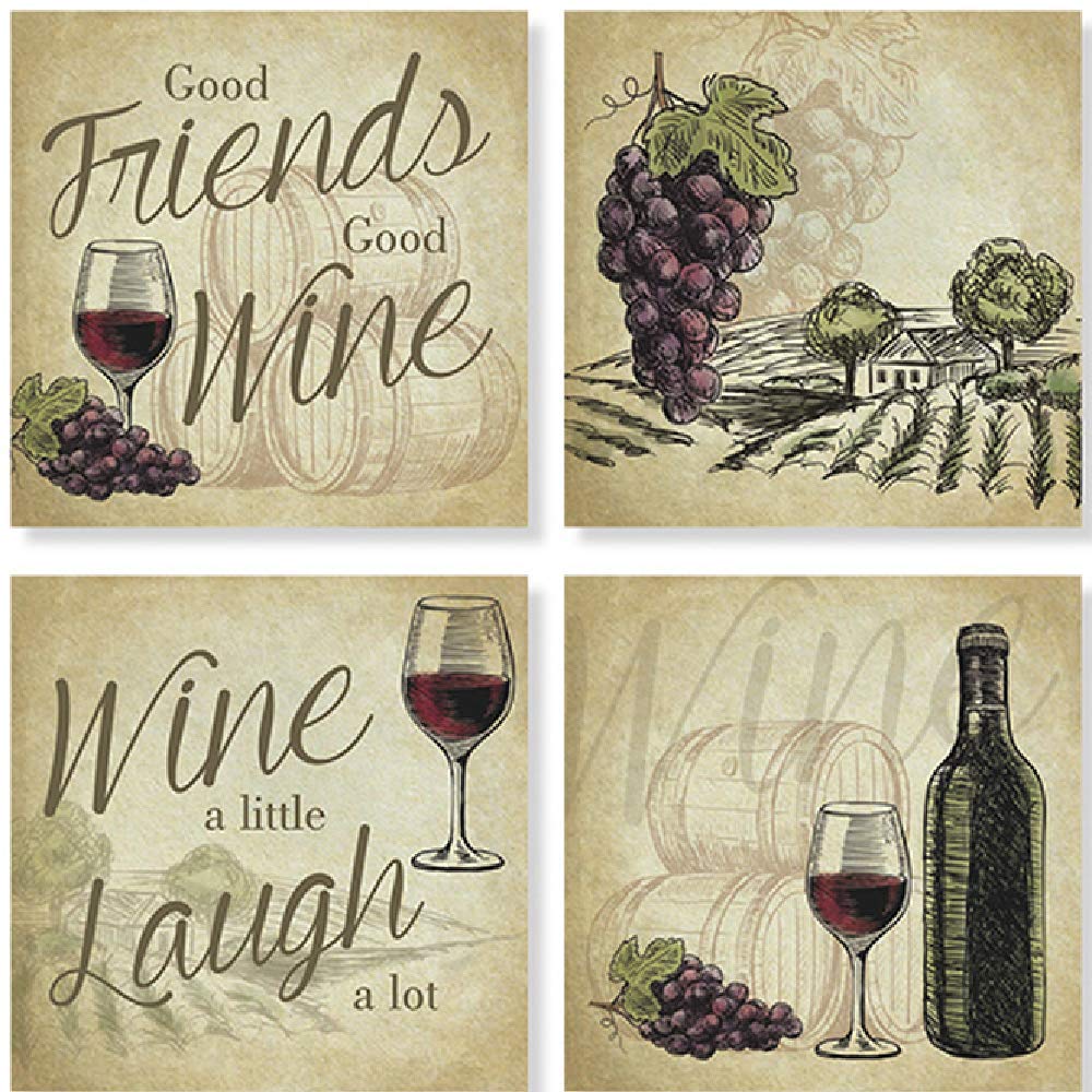 Premium Carson Wine Vineyard Square Coaster Set - 4-Pack Absorbent Cork Drink Coasters for Wine, Beer & Cocktails - Elegant Home Bar & Dining Table Decor for Parties, Weddings & Entertaining