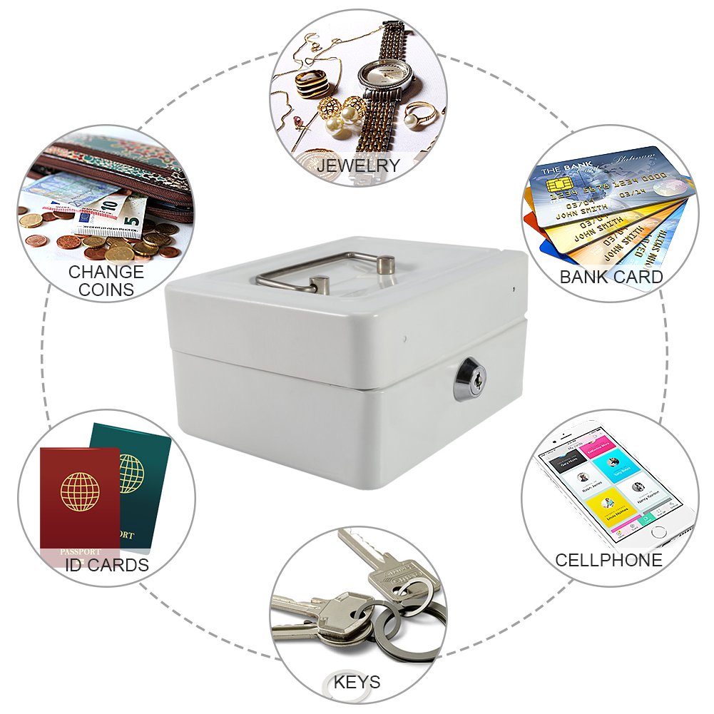 1Pc Metal Cash Box - Small Portable Steel Lockable Security Box with Key, Resistant Safe for Money, Jewelry & Valuables - Ideal for Home, Office, Retail & Travel Use (White)