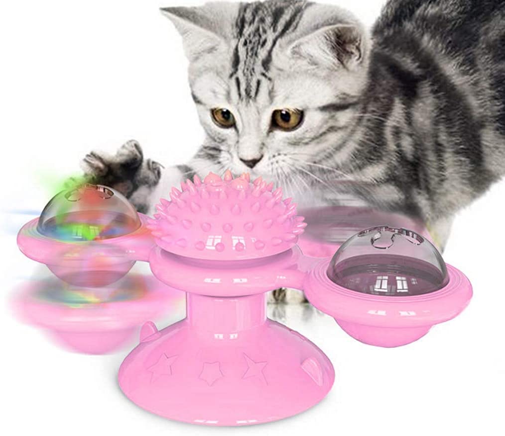 GBSYU Interactive Windmill Cat Toys with Catnip - LED Light Ball & Suction Cup Kitten Toys for Indoor Cats - Fun Chew Exercise Toy for Playtime & Stress Relief (Pink)