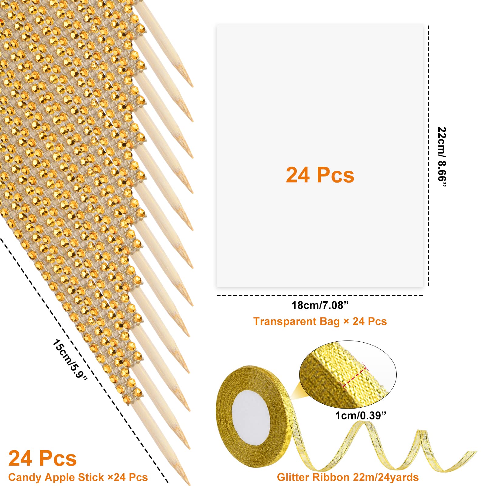 24 Pack Glitter Candy Apple Sticks & Bags Kit - Gold Toffee Apple Making Supplies with Caramel Sticks, Ribbons & Chocolate Bags for DIY Treats, Party Favors & Holiday Gifts